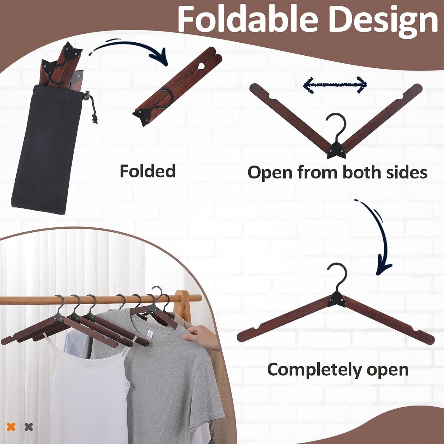 Foldable Hangers 8 Pack, Wooden Travel Hangers Foldable for Suitcase, Portable Folding Travel Hanger for Cruise, Collapsible Space Saving RV Hanger for Trip