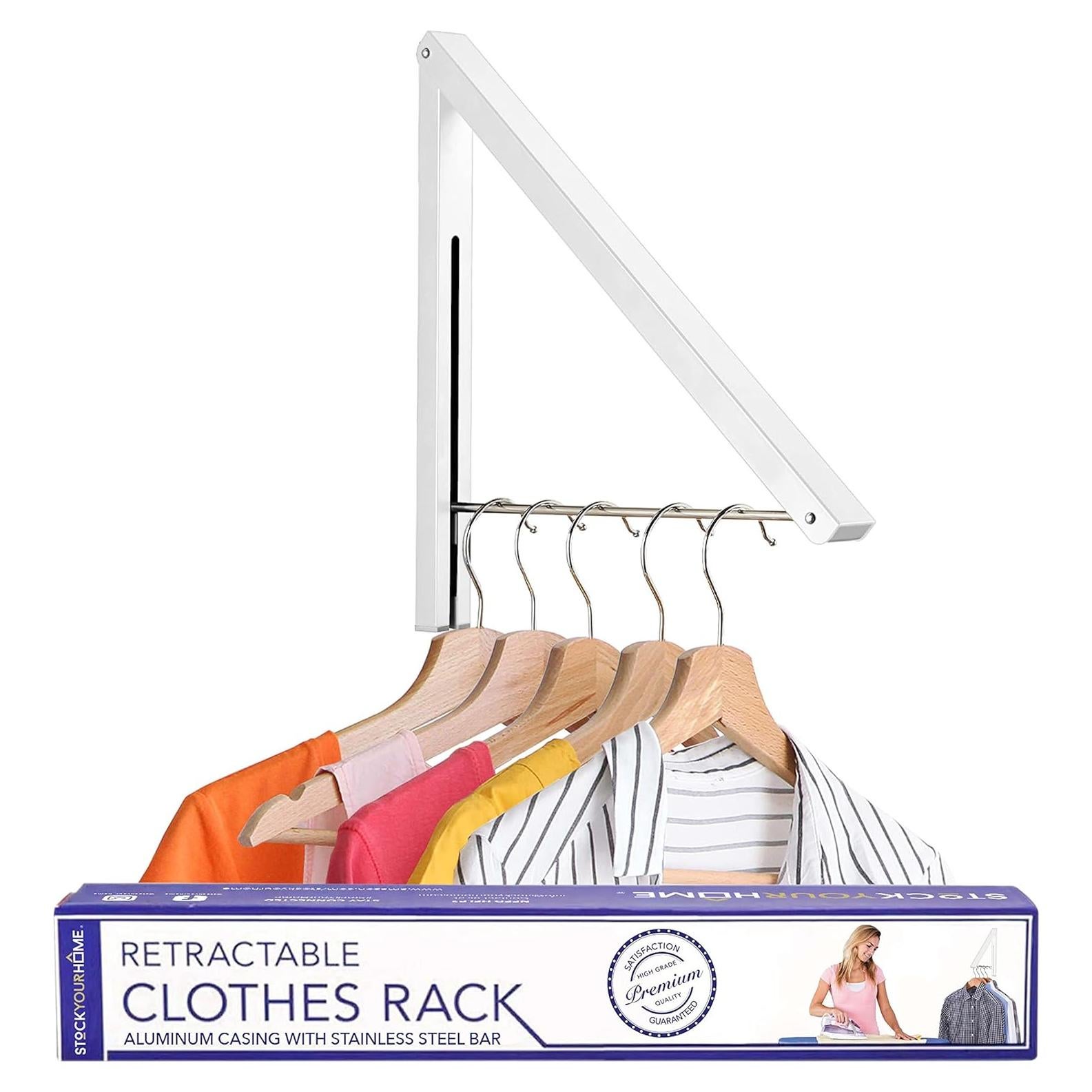 Single Foldable Clothing Rack, Wall-Mounted Retractable Clothes Hanger for Laundry Dryer Room, Hanging Drying Rod, Small Collapsible Folding Garment Racks, Dorm Accessories (White)