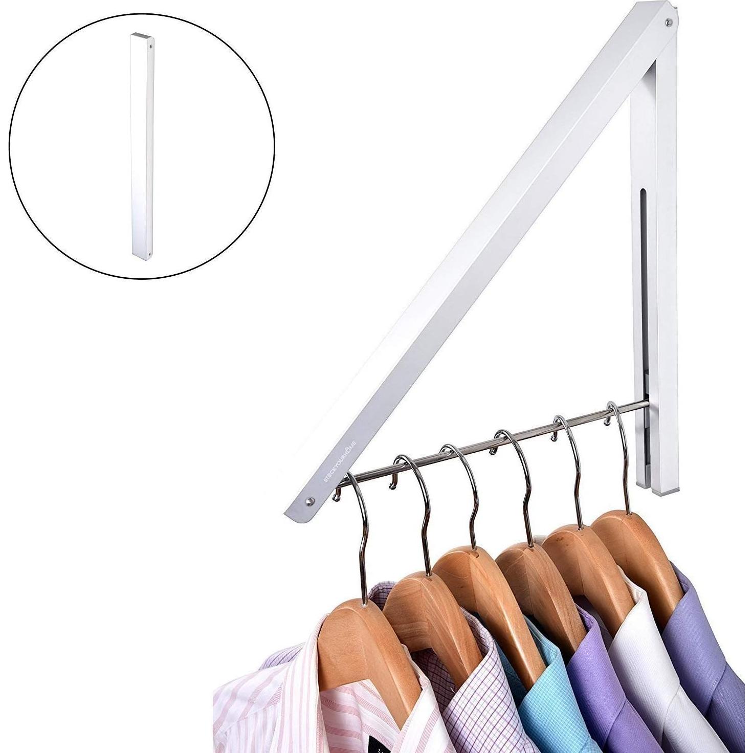 Single Foldable Clothing Rack, Wall-Mounted Retractable Clothes Hanger for Laundry Dryer Room, Hanging Drying Rod, Small Collapsible Folding Garment Racks, Dorm Accessories (White)