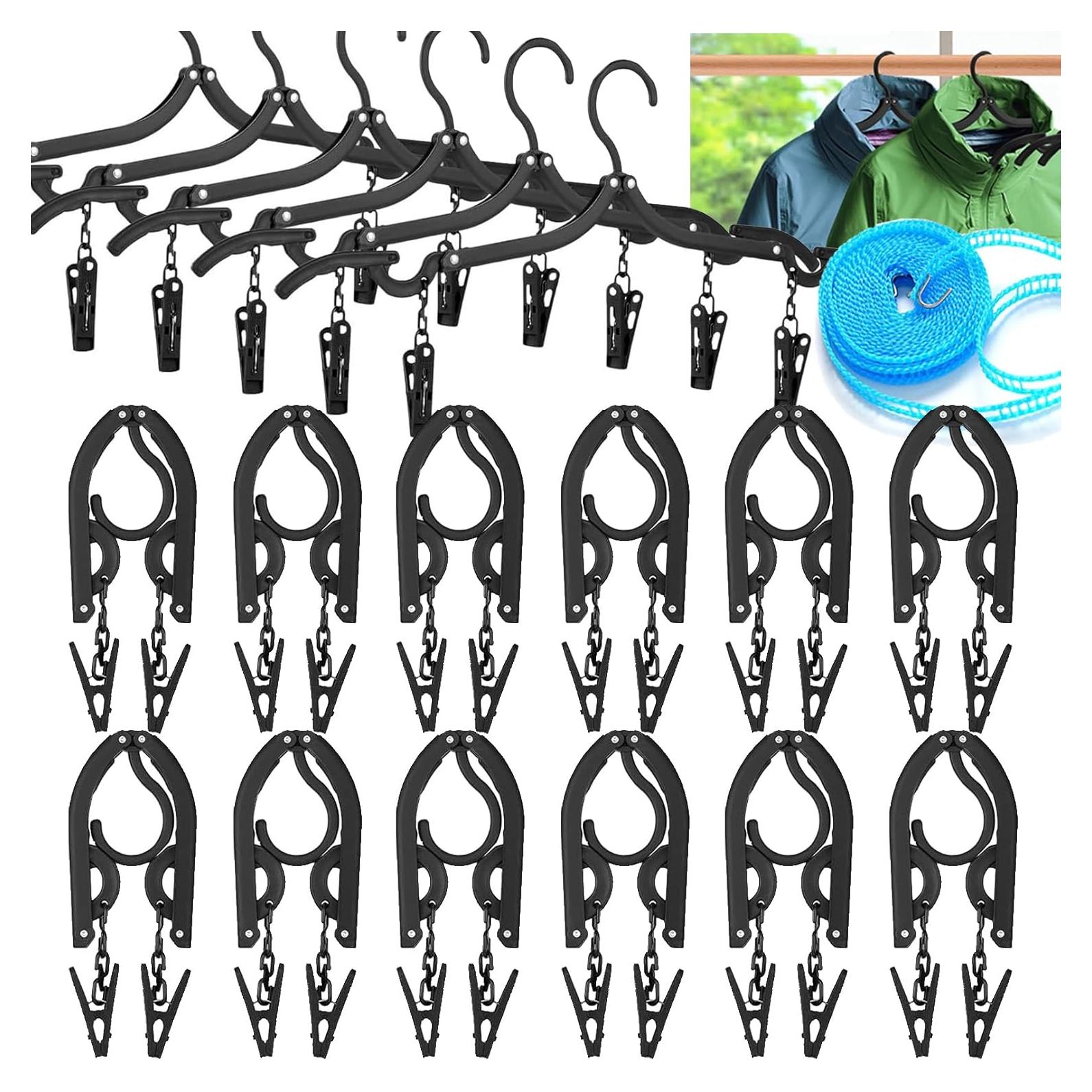 12 PCS Travel Hangers,Portable Folding Clothes Hanger,Travel Accessories Foldable Travel Hangers with Clips,Foldable Clothes Drying Rack for Travel,Black Plastic Non Slip Clothing Hangers