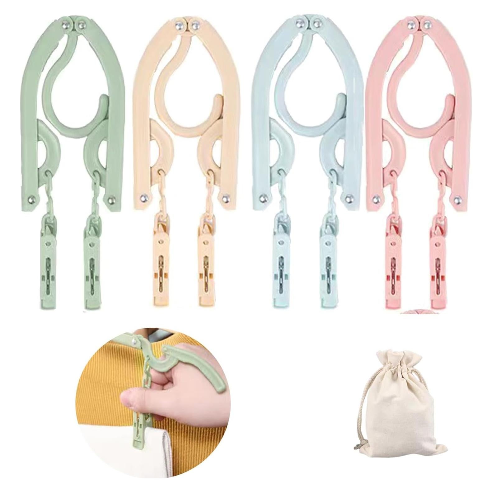 12 Pcs Hangers with 24 Pcs Clips, Folding Clothes Hangers Portable Pants Hangers - Organizer Bag for Travel