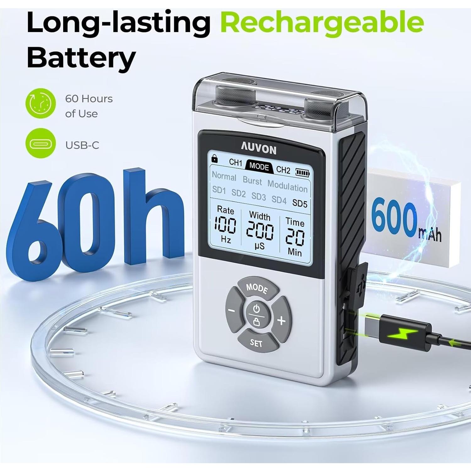 AUVON Estimulador Muscular TENS Recargable 600mAh 8 Modos