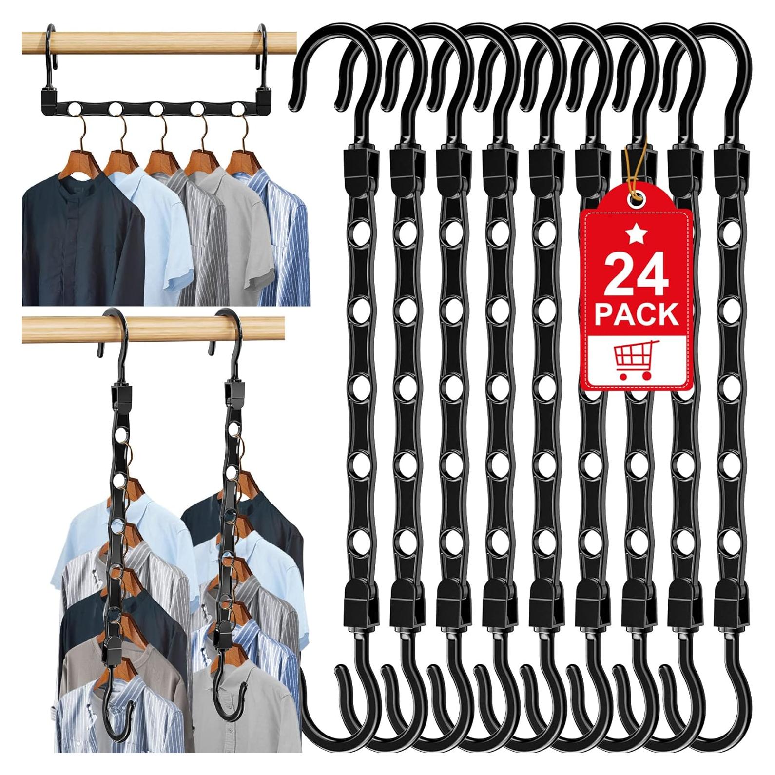 24 Pack Hangers Space Saving Magic Space Saver Storage Smart Plastic Clothes Hanger Organizer Closet Organizers and Storage for Closet Wardrobe Apartment College Dorm Room Essentials, Black
