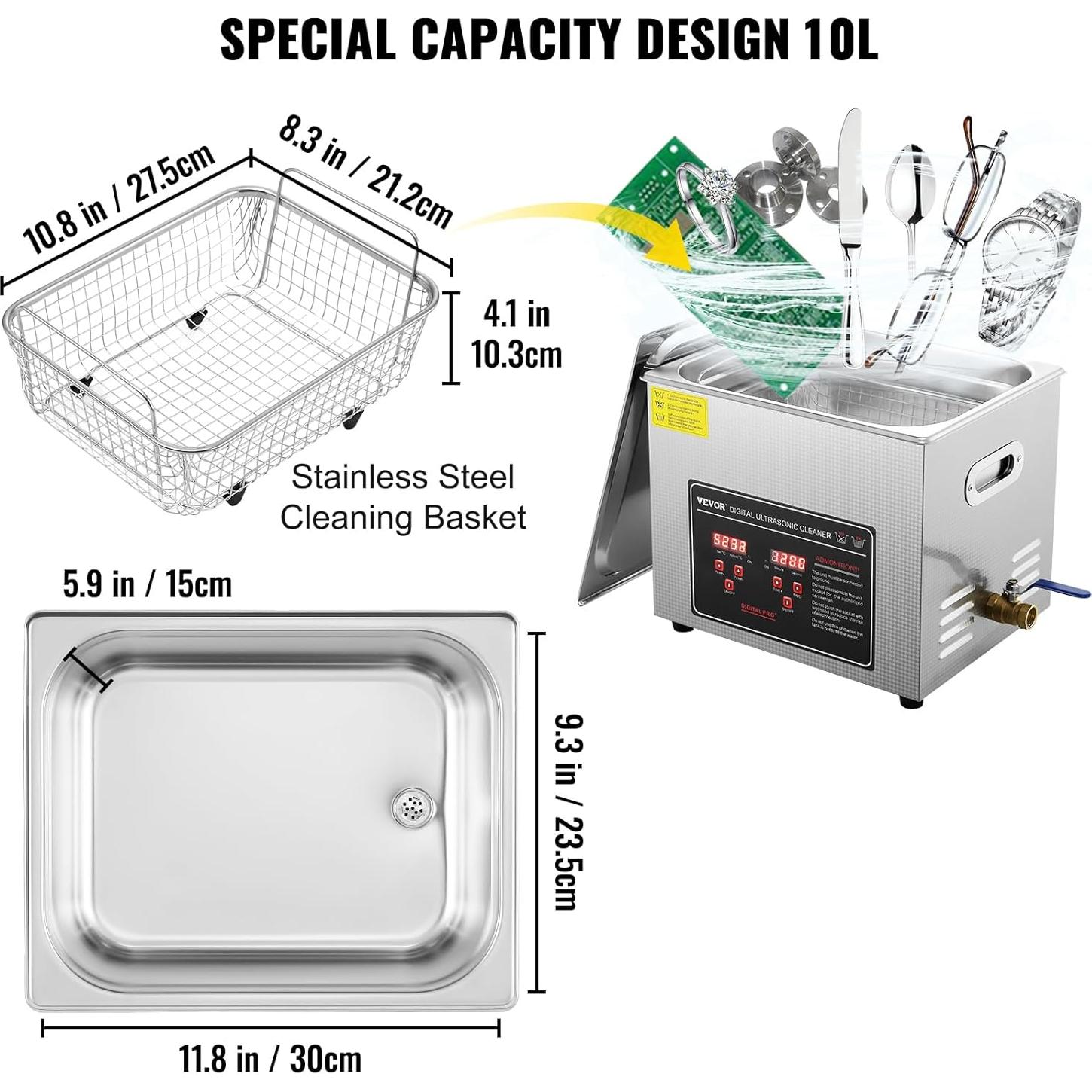 Limpiador Ultrasónico VEVOR 10L con Calentador y Temporizador