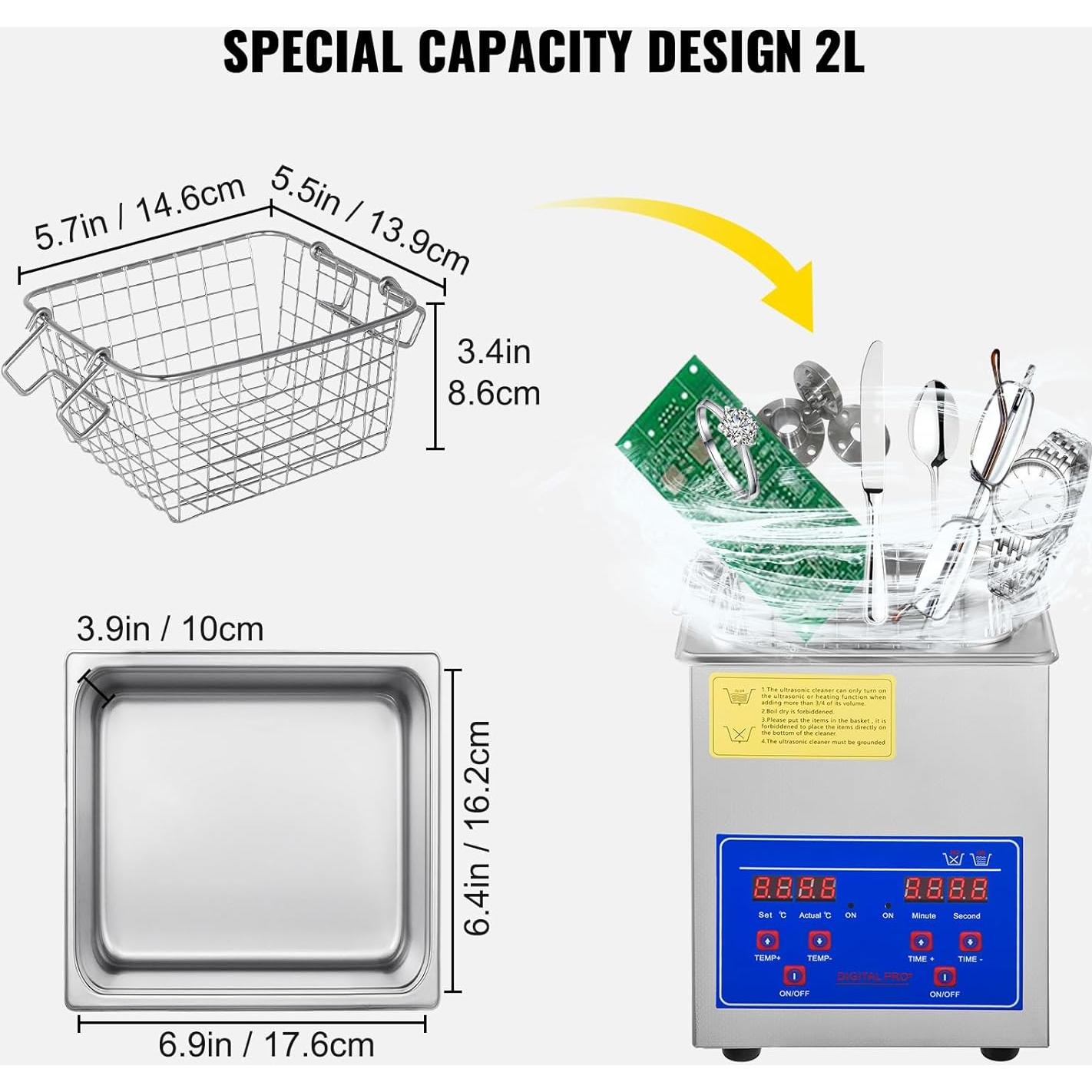 Limpiador Ultrasonido VEVOR 2L Acero Inoxidable Digital 40kHz
