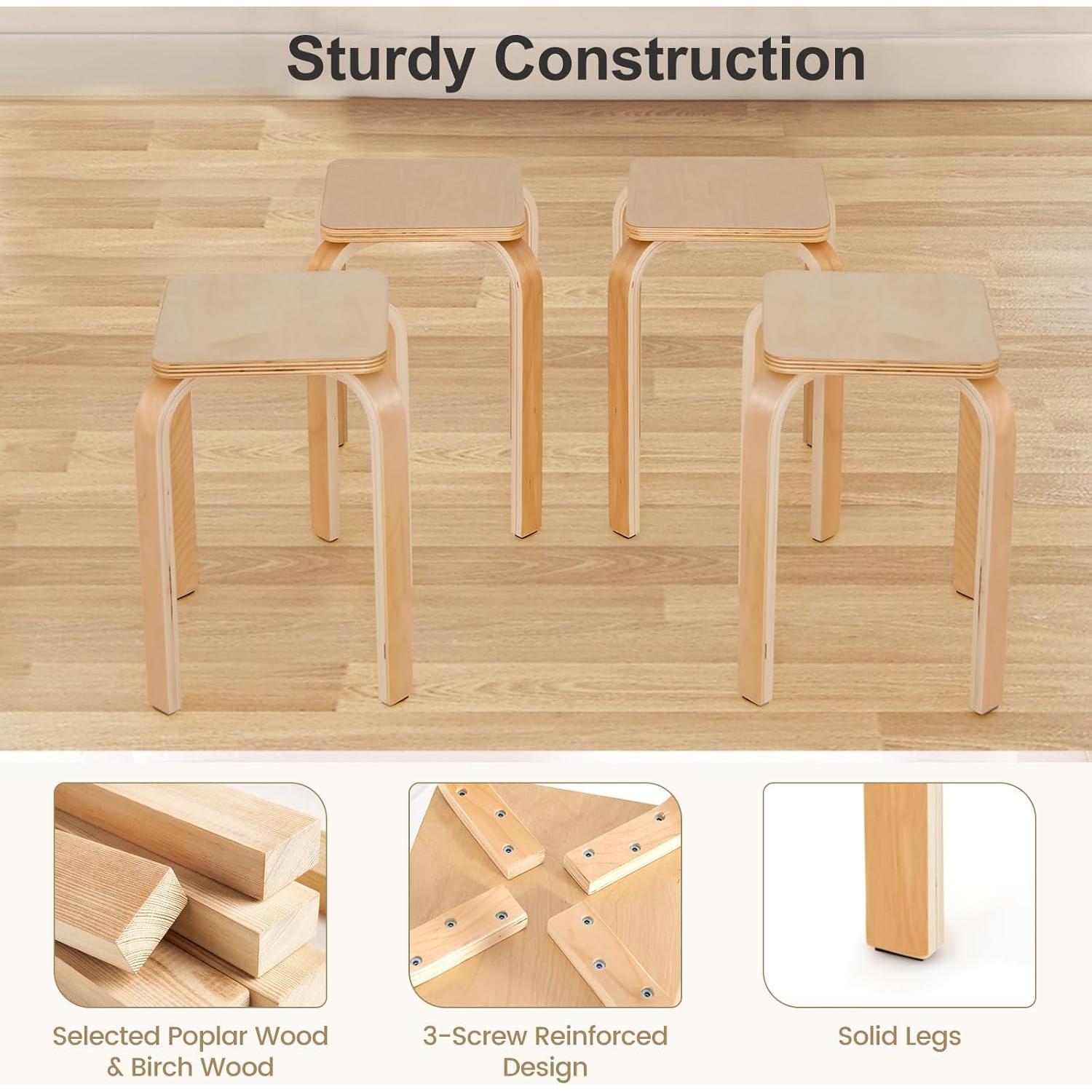 Conjunto de 4 Taburetes Apilables POWERSTONE de Madera Natural