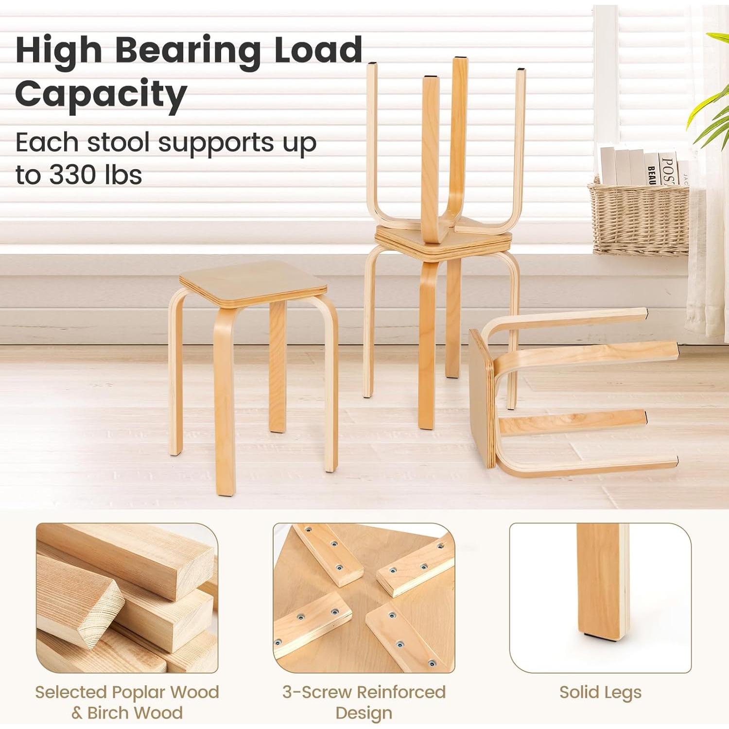 Conjunto de 4 Taburetes Apilables de Madera COSTWAY 45.72 cm