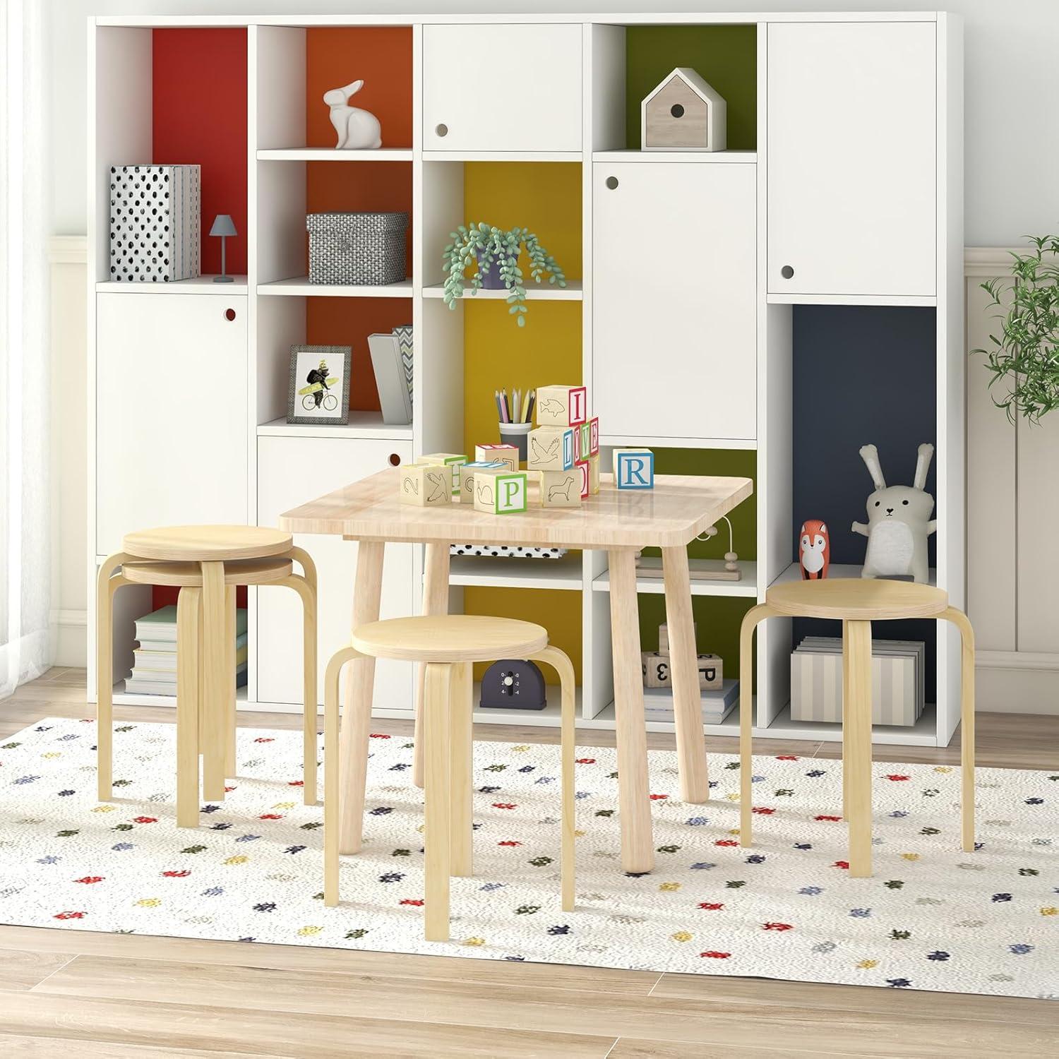 Conjunto de 4 Taburetes Apilables de Madera Giantex Natural