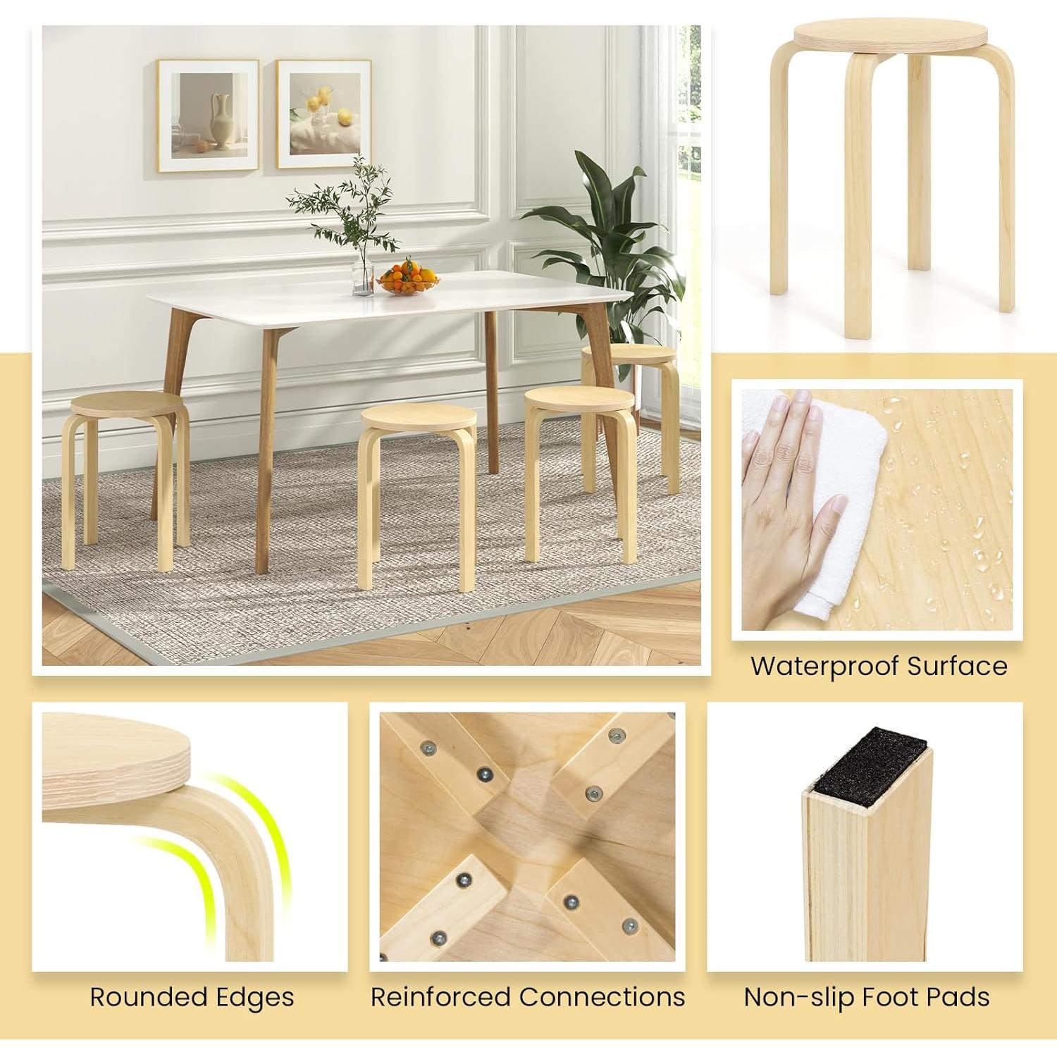 Conjunto de 4 Taburetes Apilables de Madera Giantex Natural