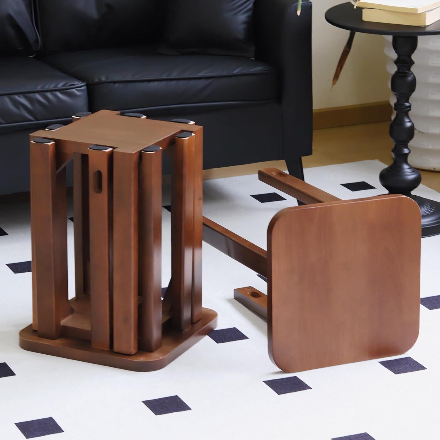 Stackable Stools Set of 4,4-in-1 Wood Stool,Square Wooden Stools with Anti-Slip Foot Pads for Kitchen,Bedroom,Living Room,Bar,No Assembly Required Durable and Space-Saving Design【 Walnut】