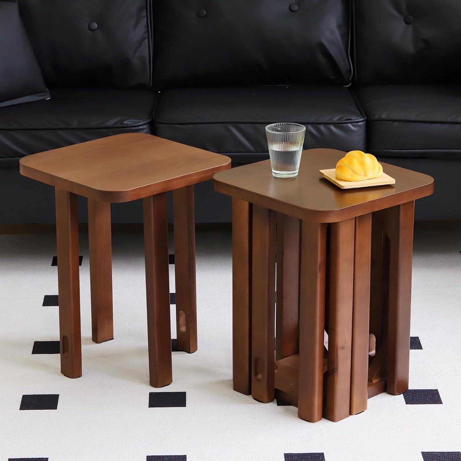 Stackable Stools Set of 4,4-in-1 Wood Stool,Square Wooden Stools with Anti-Slip Foot Pads for Kitchen,Bedroom,Living Room,Bar,No Assembly Required Durable and Space-Saving Design【 Walnut】