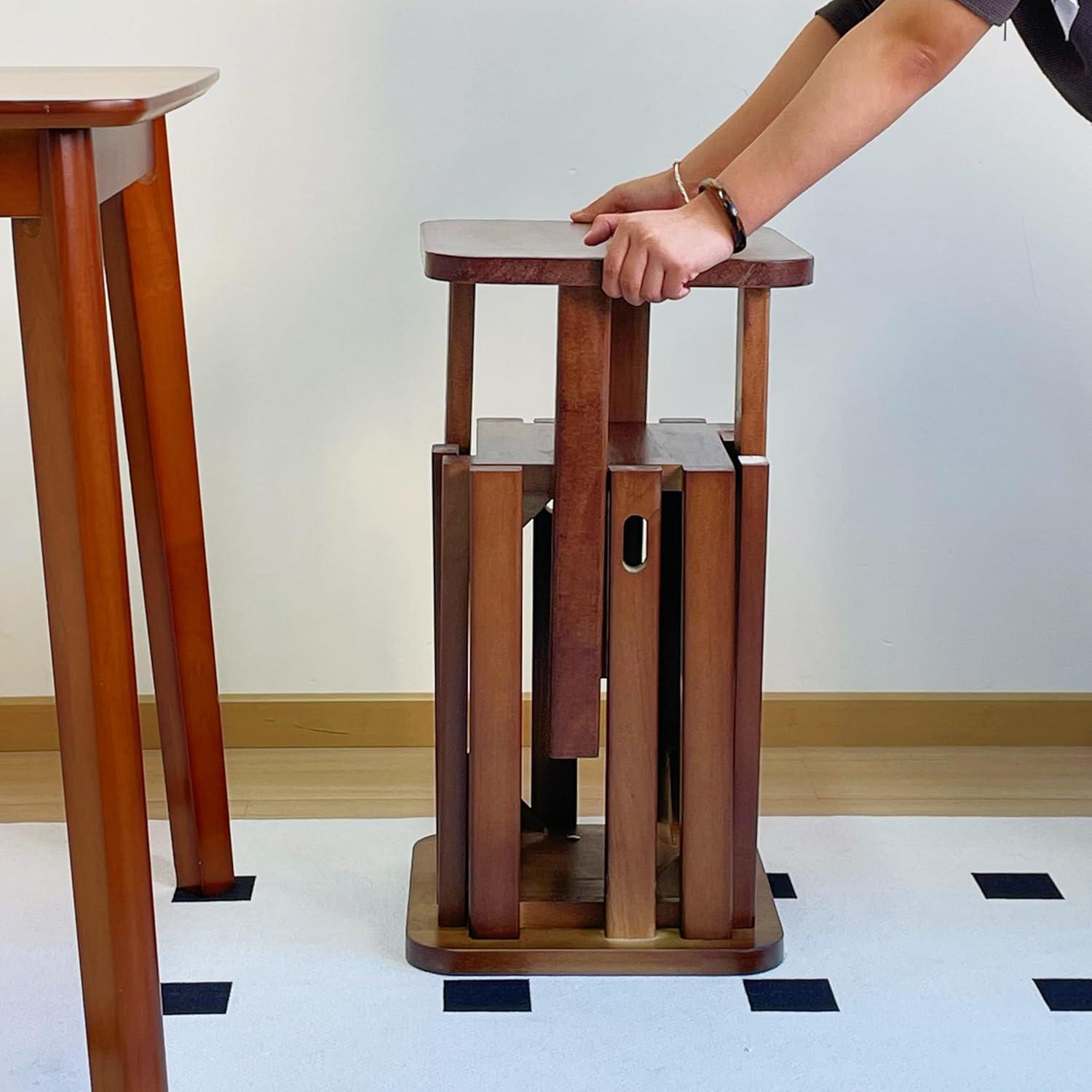 Stackable Stools Set of 4,4-in-1 Wood Stool,Square Wooden Stools with Anti-Slip Foot Pads for Kitchen,Bedroom,Living Room,Bar,No Assembly Required Durable and Space-Saving Design【 Walnut】