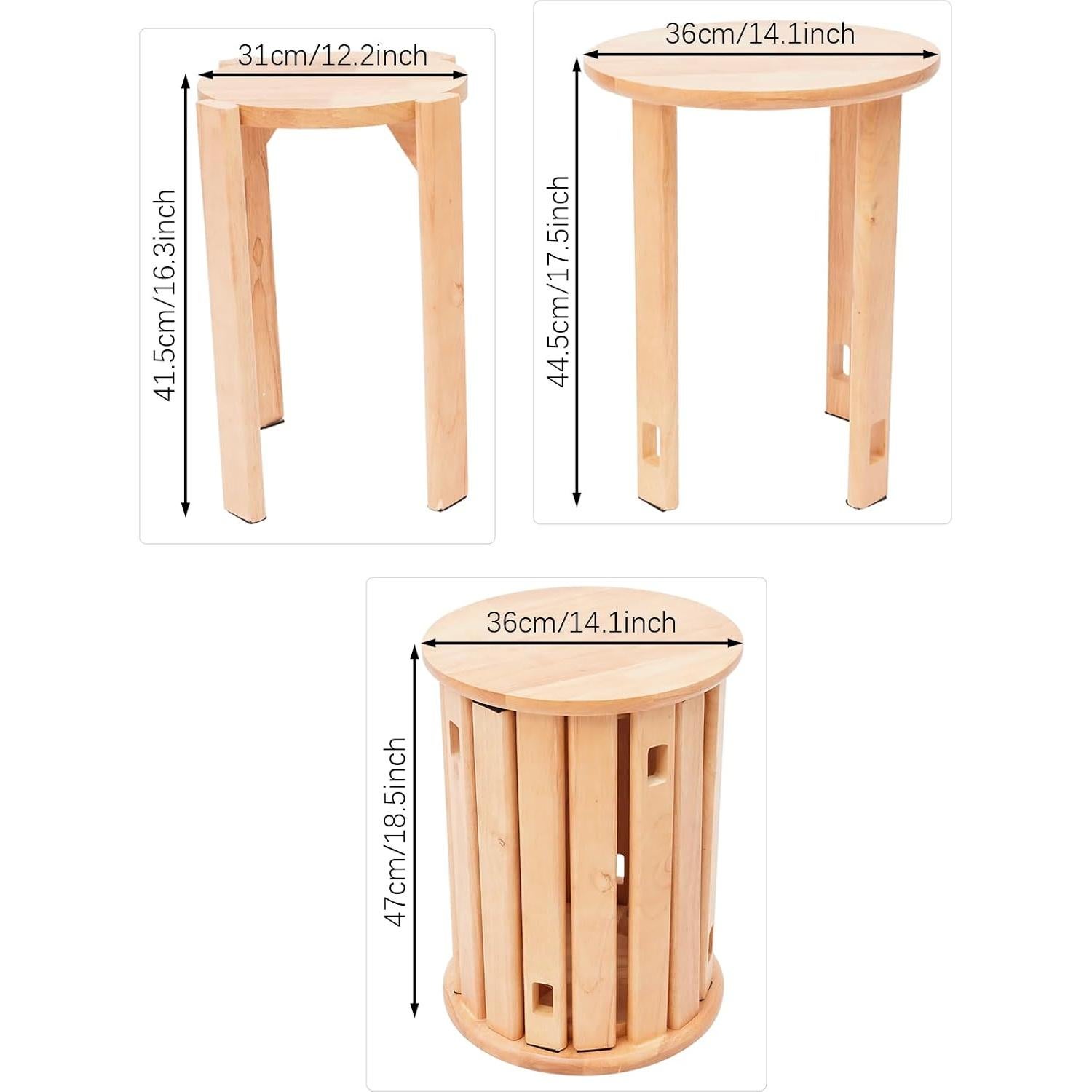 Wooden Stackable Stools Set of 4, Multifunctional Stackable Solid Stool for End Table 4 In 1 Stools Round Wooden Stool for Living Rooms Bedrooms Dining Rooms No Assembly (14x18.5 in) (Log Color)