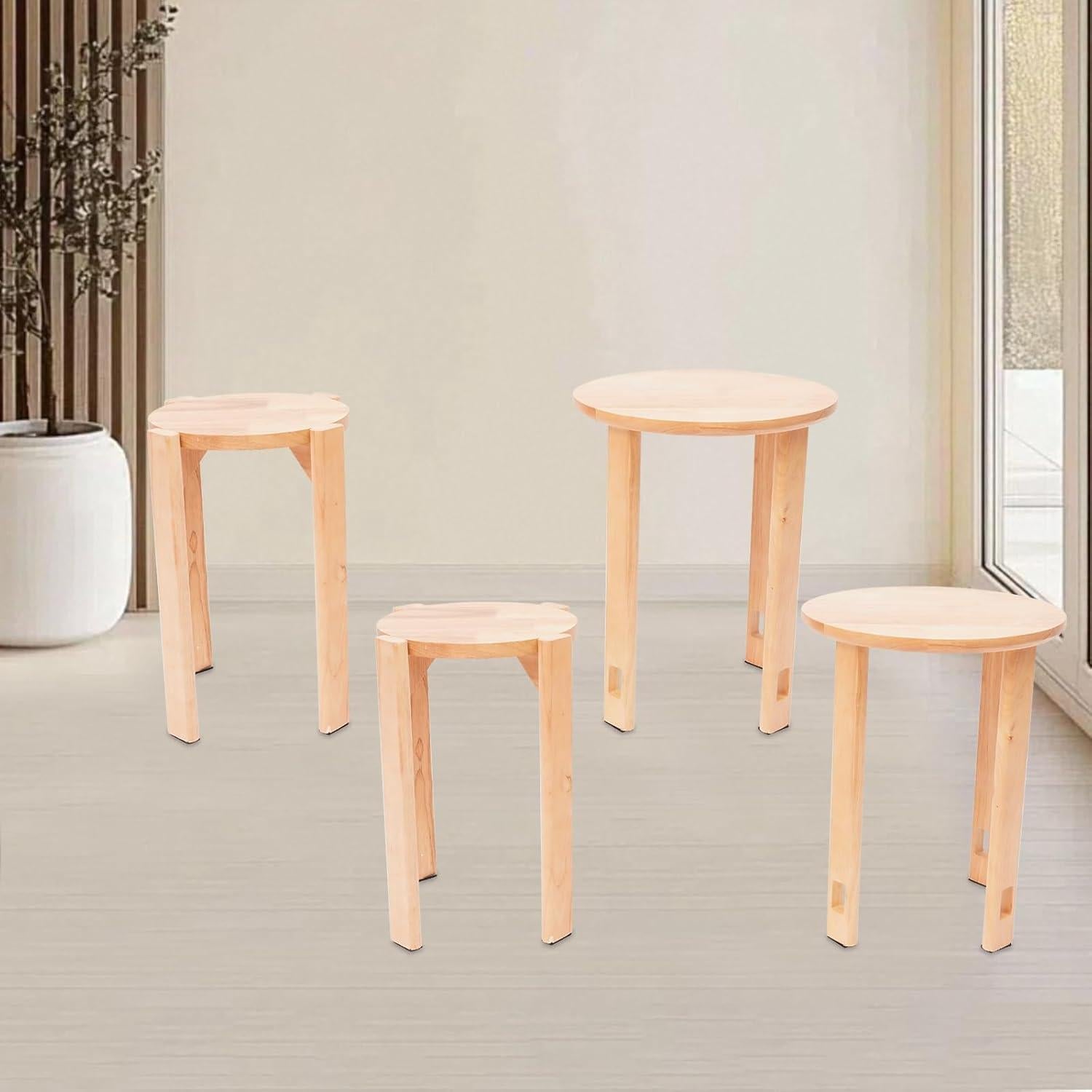 Wooden Stackable Stools Set of 4, Multifunctional Stackable Solid Stool for End Table 4 In 1 Stools Round Wooden Stool for Living Rooms Bedrooms Dining Rooms No Assembly (14x18.5 in) (Log Color)