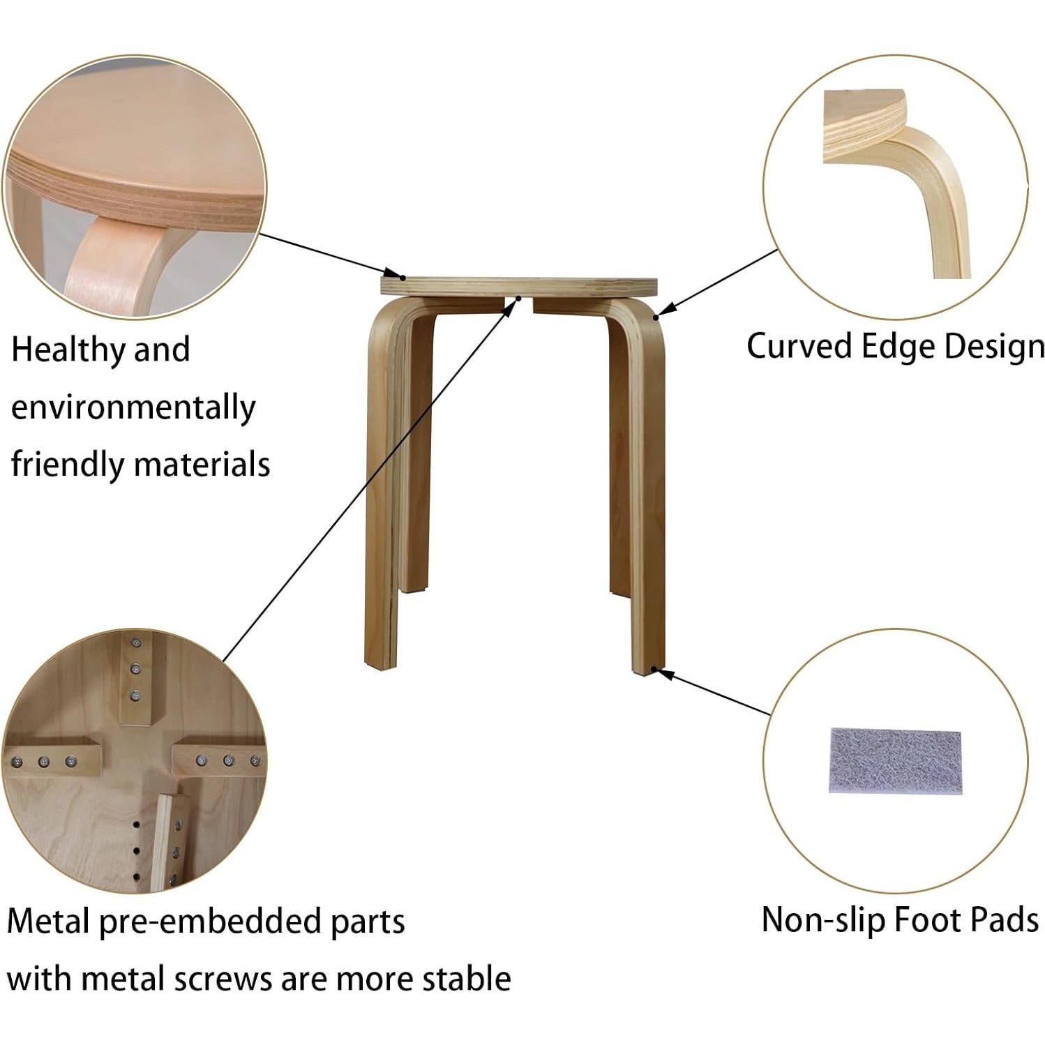 Stackable Bentwood Stool Set of 4, 17-Inch Height Backless，Anti-Slip Felt Pad,Counter Chair，Small Side Table，Suitable for classrooms, Dining Rooms, Kitchens，Birch