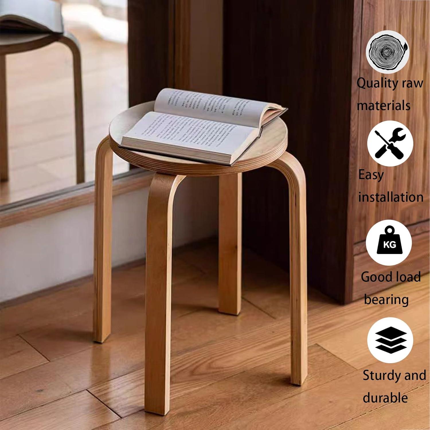 Stackable Bentwood Stool Set of 4, 17-Inch Height Backless，Anti-Slip Felt Pad,Counter Chair，Small Side Table，Suitable for classrooms, Dining Rooms, Kitchens，Birch