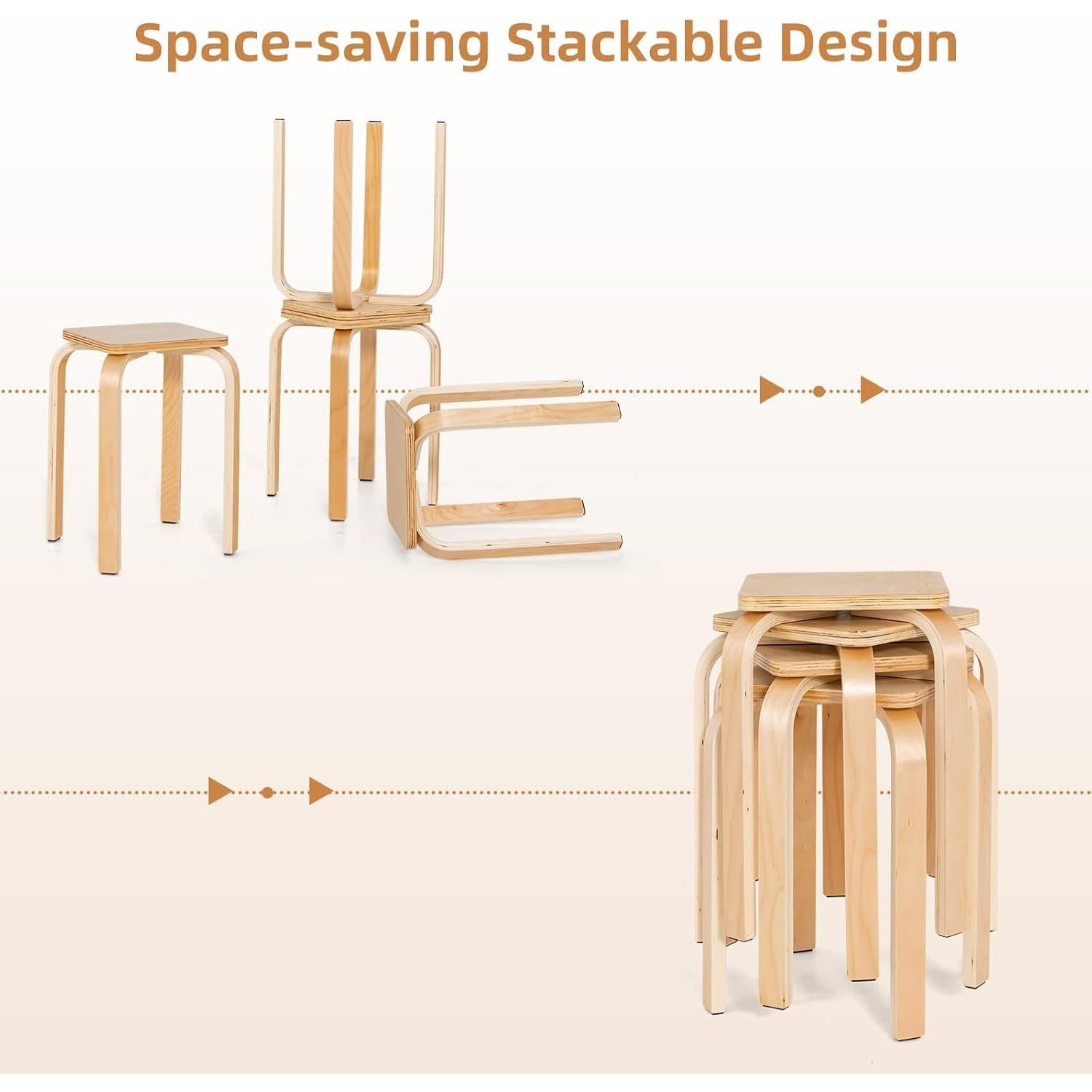Juego de 4 Taburetes Apilables GLACER de Madera Natural 45.7 cm