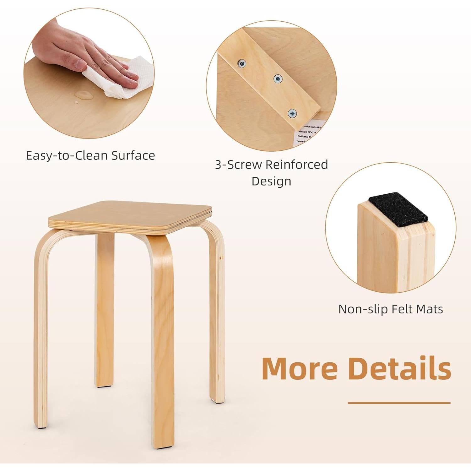 Juego de 4 Taburetes Apilables GLACER de Madera Natural 45.7 cm