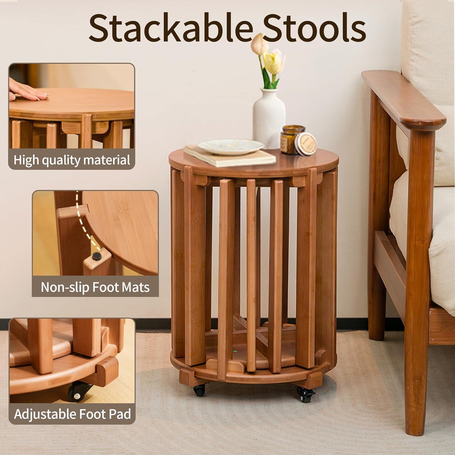 Stackable Stools Set of 4, 18Inch Wooden Stools with Round Top No Installation Required Stackable End Table for Kitchen Island,Dining Room,Bedroom,Living Room