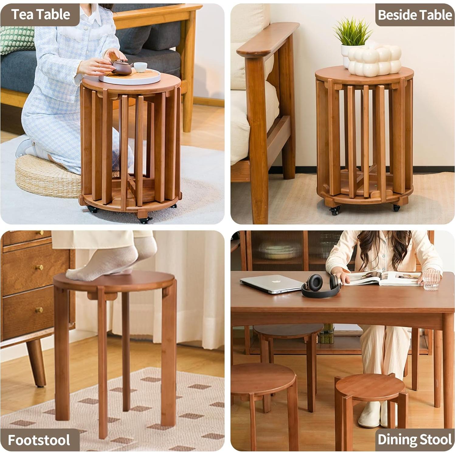 Stackable Stools Set of 4, 18Inch Wooden Stools with Round Top No Installation Required Stackable End Table for Kitchen Island,Dining Room,Bedroom,Living Room