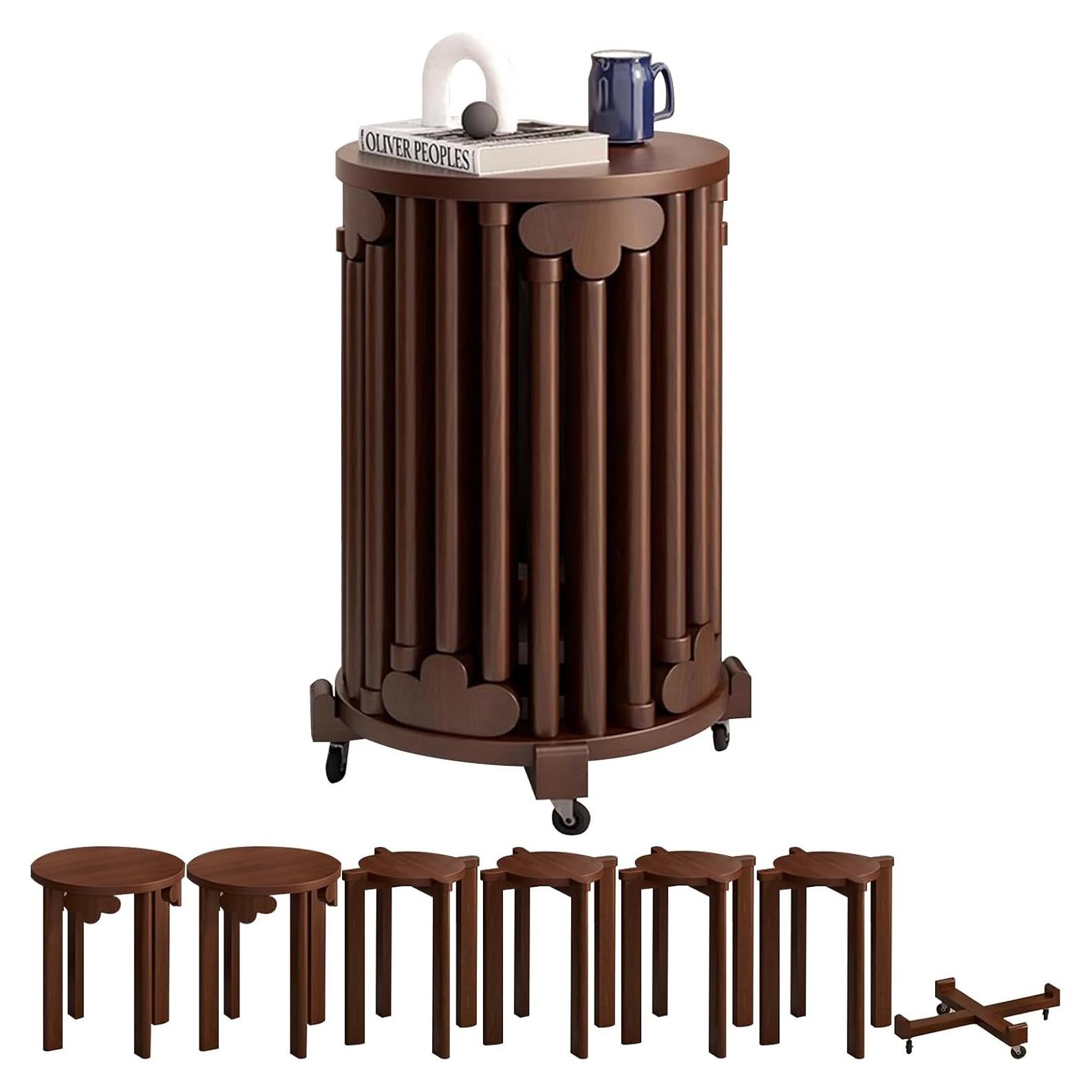 AMSXNOO Stackable Stools Set of 6, 6-in-1 Wood Stacking stools with Base, Multifunctional Seats for Kitchen Living Room Bedroom, No Assembly (Walnut Colour, 14.17x14.17x24.8 in)