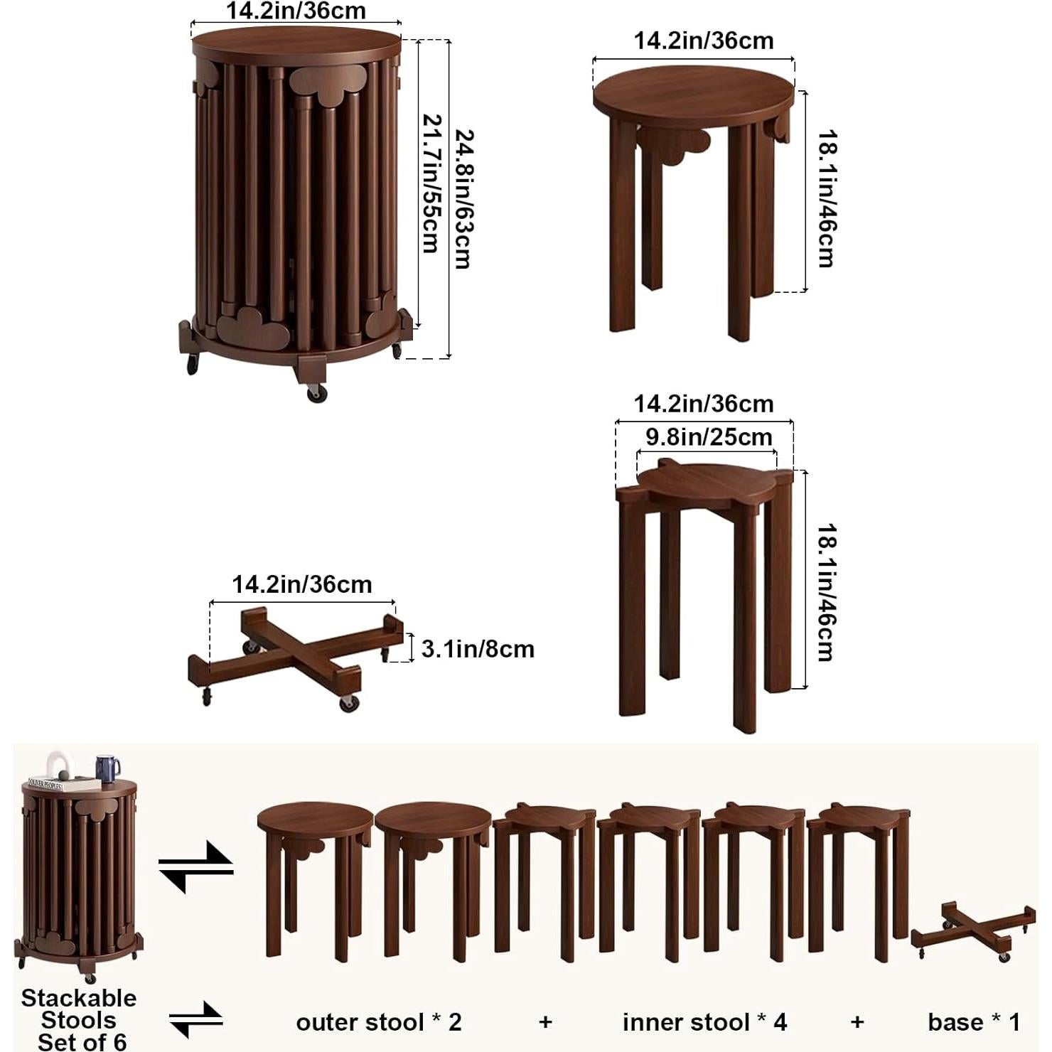 AMSXNOO Stackable Stools Set of 6, 6-in-1 Wood Stacking stools with Base, Multifunctional Seats for Kitchen Living Room Bedroom, No Assembly (Walnut Colour, 14.17x14.17x24.8 in)