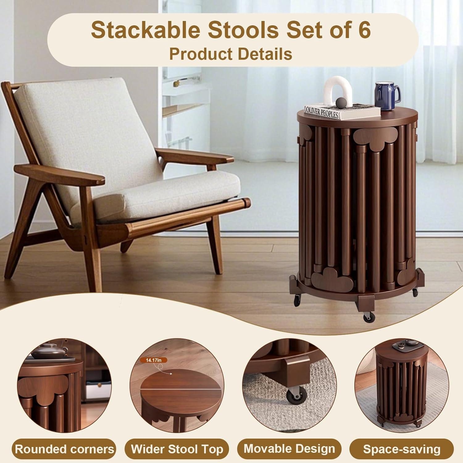 AMSXNOO Stackable Stools Set of 6, 6-in-1 Wood Stacking stools with Base, Multifunctional Seats for Kitchen Living Room Bedroom, No Assembly (Walnut Colour, 14.17x14.17x24.8 in)