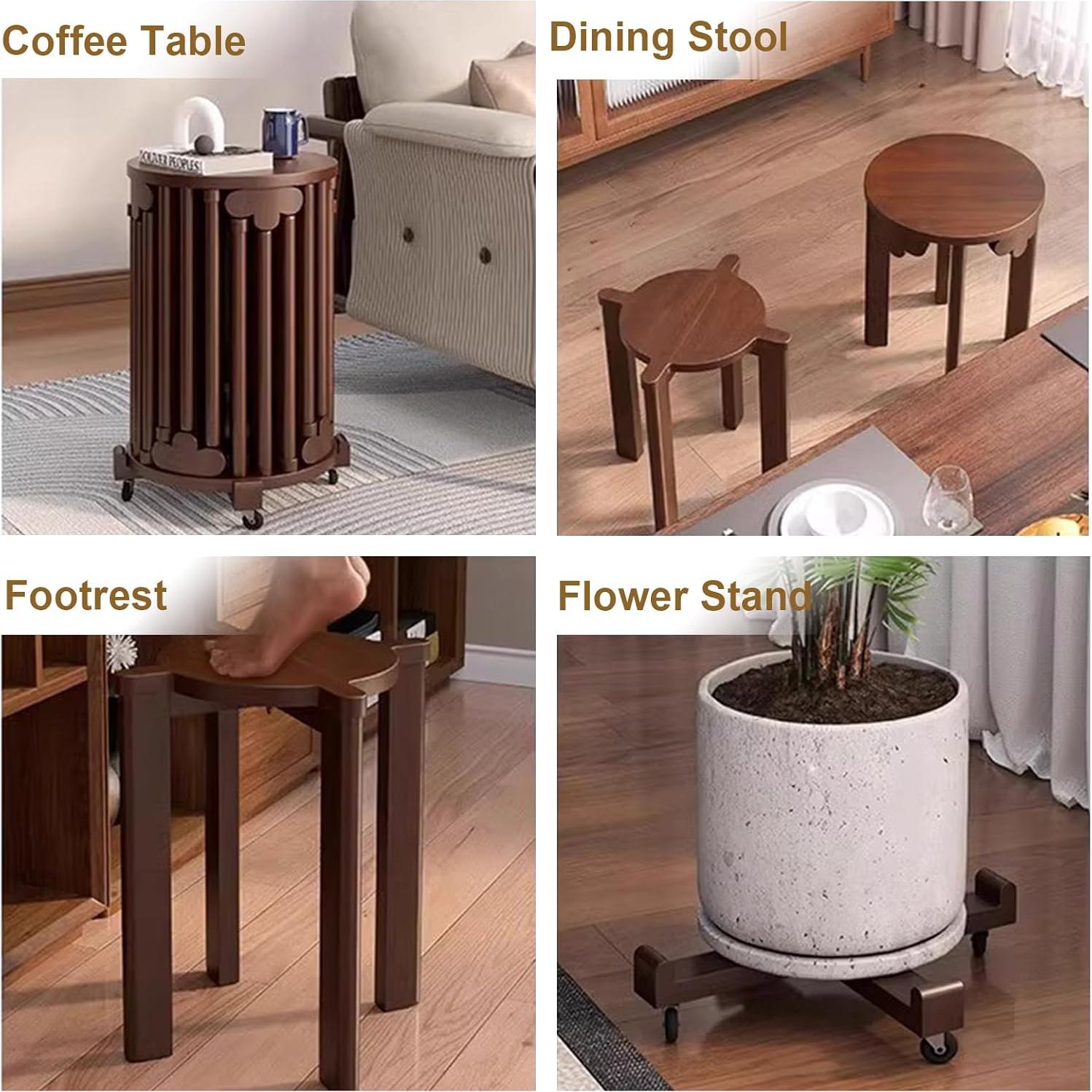 AMSXNOO Stackable Stools Set of 6, 6-in-1 Wood Stacking stools with Base, Multifunctional Seats for Kitchen Living Room Bedroom, No Assembly (Walnut Colour, 14.17x14.17x24.8 in)