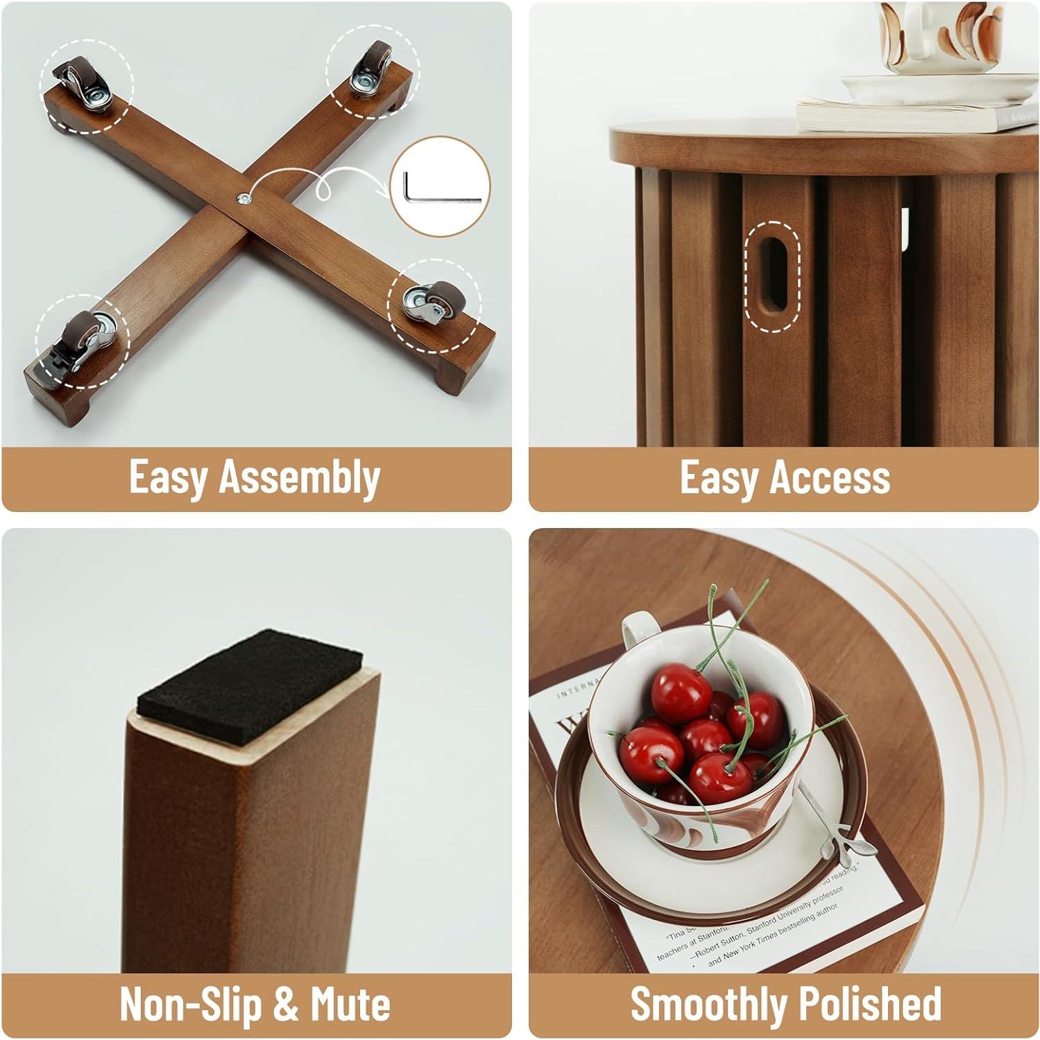 Mesa Lateral Apilable CozyDH 4 en 1 de Madera con Ruedas