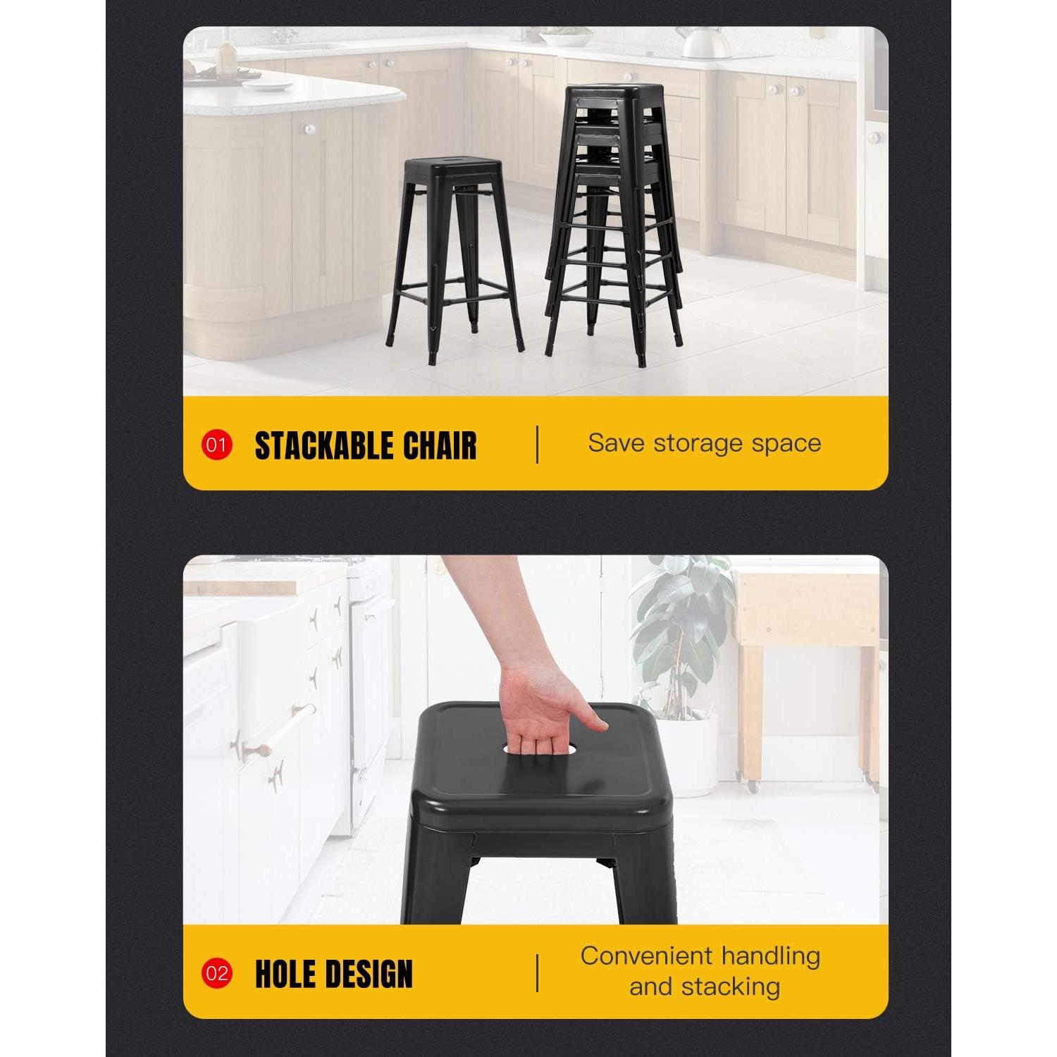 FDW Juego de 4 Taburetes de Bar de Metal 76 cm Negro Apilables