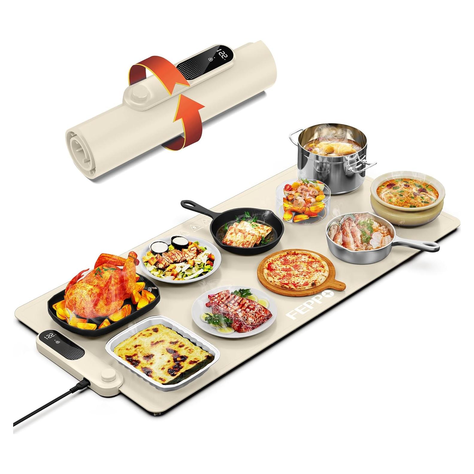 FEPPO Food Warming Mat, (XXL 35”x16”) Electric Warming Trays for Buffets Party, Fast Full-Surface Heating Mat for Food with 19 Level Adjustable Temperature and 6 Hours Timer, Roll Up Food Warmer