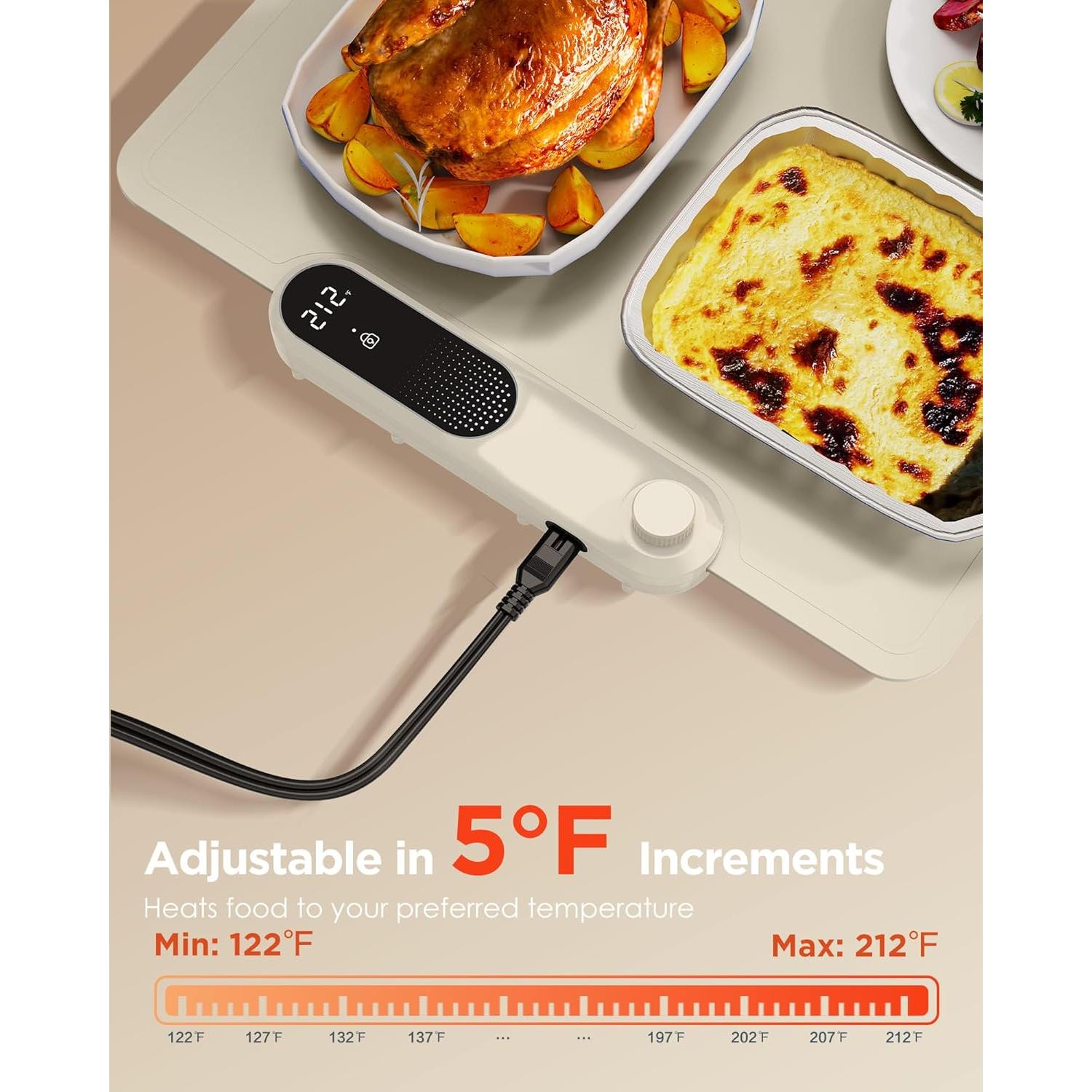 FEPPO Food Warming Mat, (XXL 35”x16”) Electric Warming Trays for Buffets Party, Fast Full-Surface Heating Mat for Food with 19 Level Adjustable Temperature and 6 Hours Timer, Roll Up Food Warmer