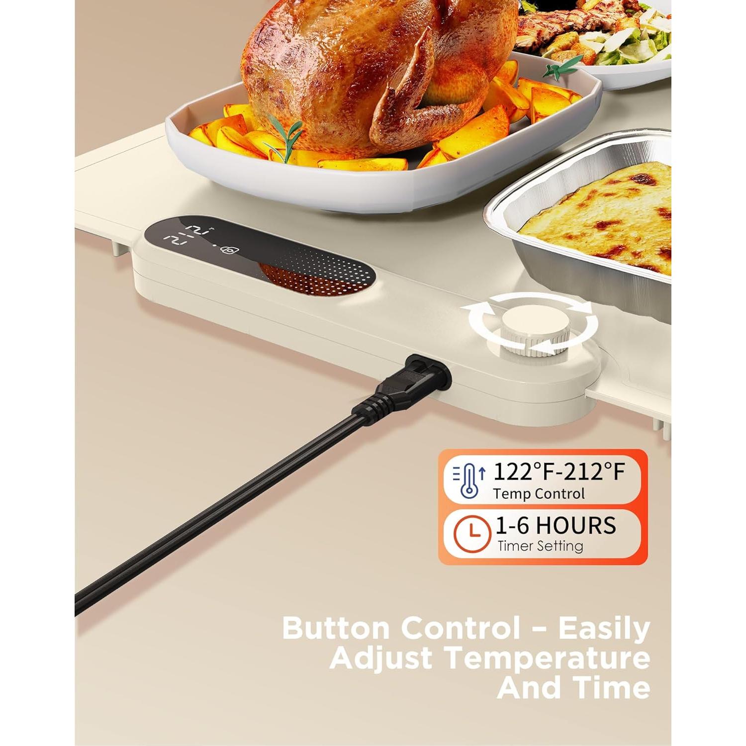 FEPPO Food Warming Mat, (XXL 35”x16”) Electric Warming Trays for Buffets Party, Fast Full-Surface Heating Mat for Food with 19 Level Adjustable Temperature and 6 Hours Timer, Roll Up Food Warmer