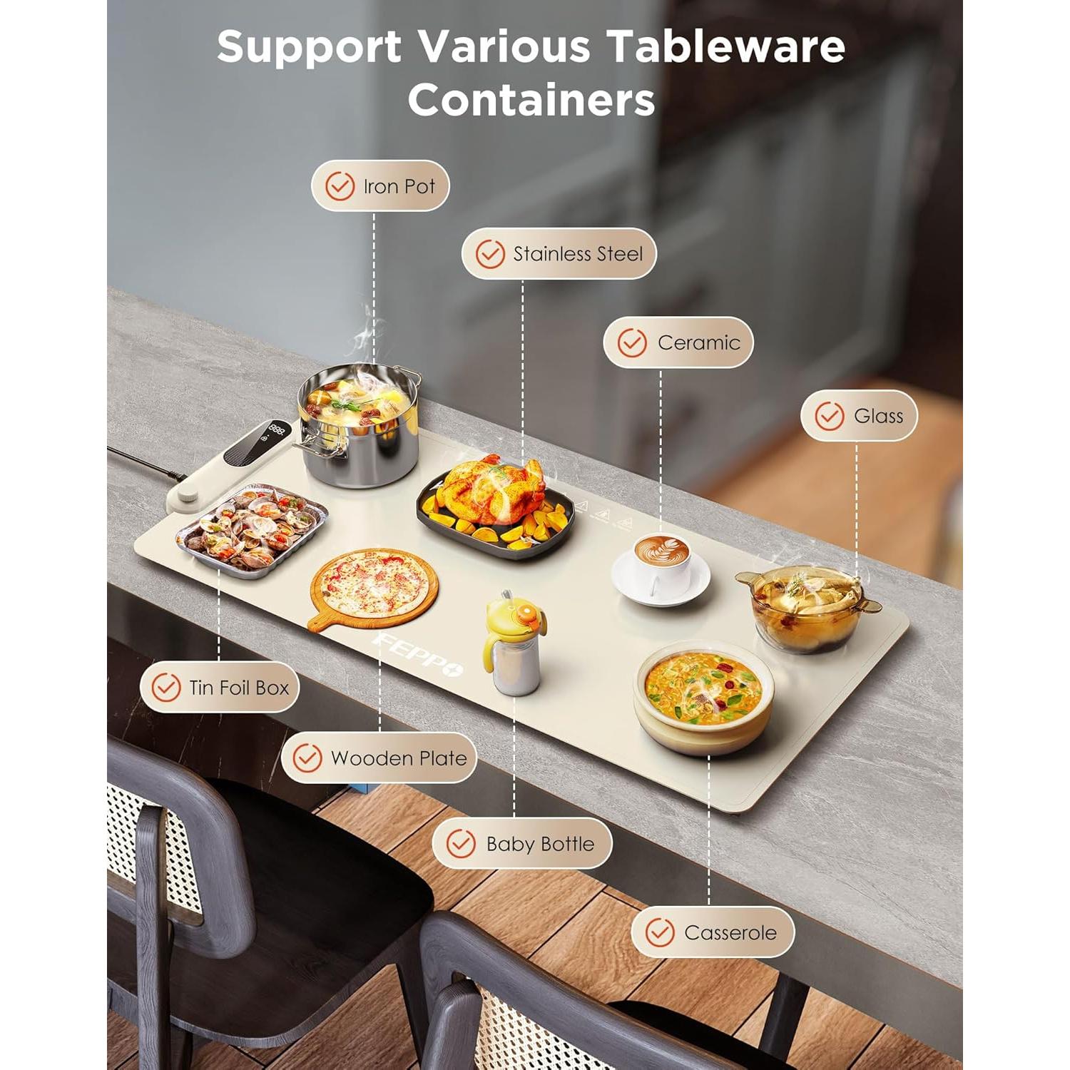 FEPPO Food Warming Mat, (XXL 35”x16”) Electric Warming Trays for Buffets Party, Fast Full-Surface Heating Mat for Food with 19 Level Adjustable Temperature and 6 Hours Timer, Roll Up Food Warmer