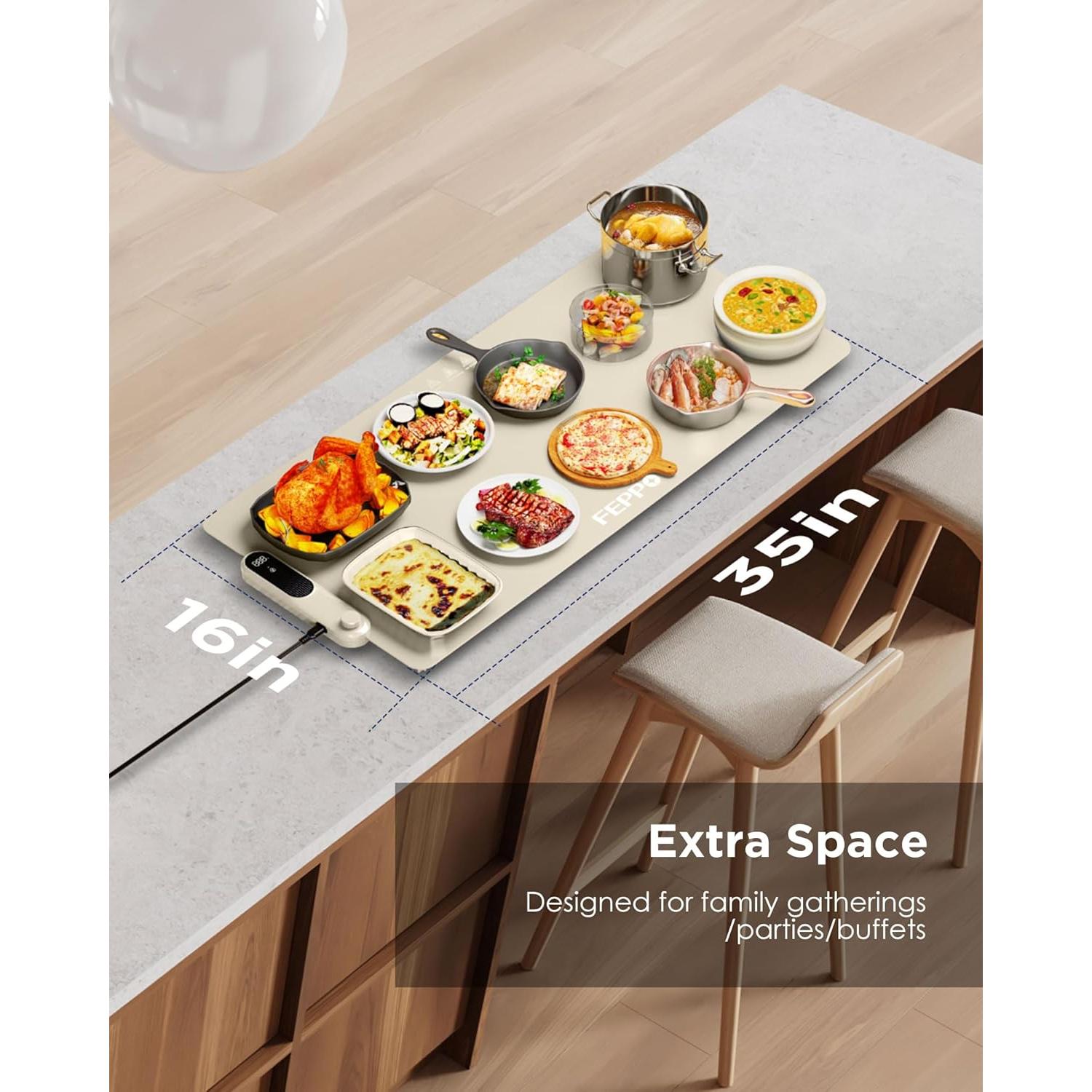FEPPO Food Warming Mat, (XXL 35”x16”) Electric Warming Trays for Buffets Party, Fast Full-Surface Heating Mat for Food with 19 Level Adjustable Temperature and 6 Hours Timer, Roll Up Food Warmer