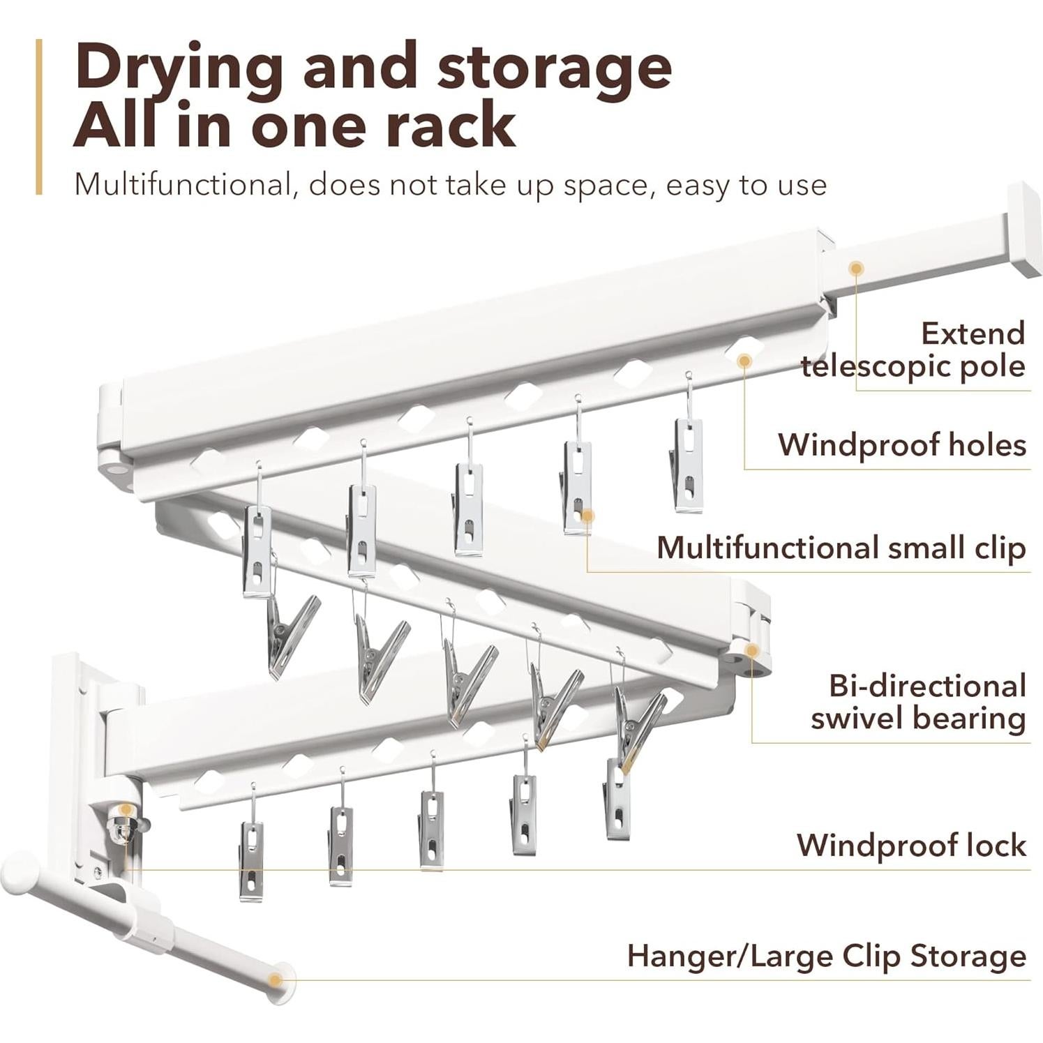 Perchero de Ropa Plegable ZdwCyl Montado en Pared 100kg Blanco