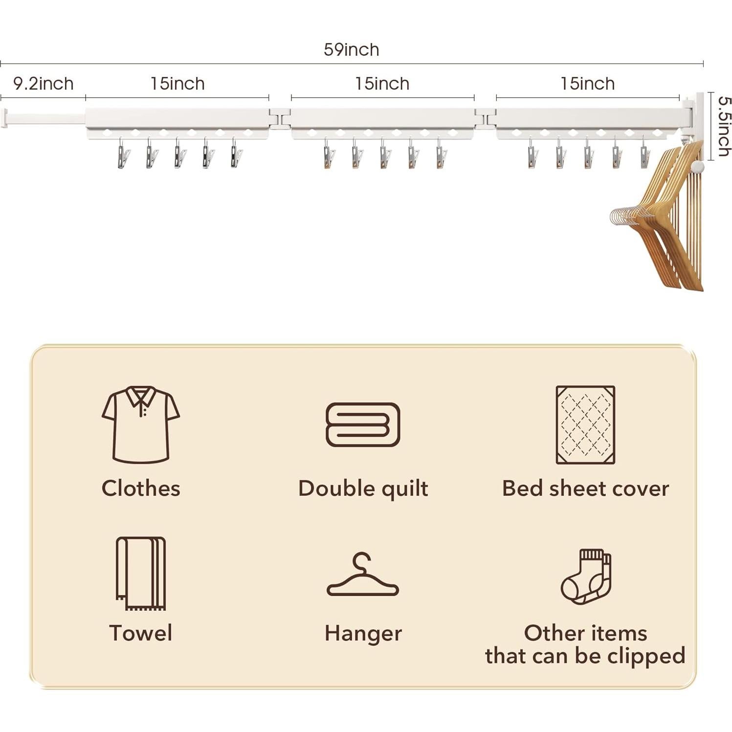 Perchero de Ropa Plegable ZdwCyl Montado en Pared 100kg Blanco