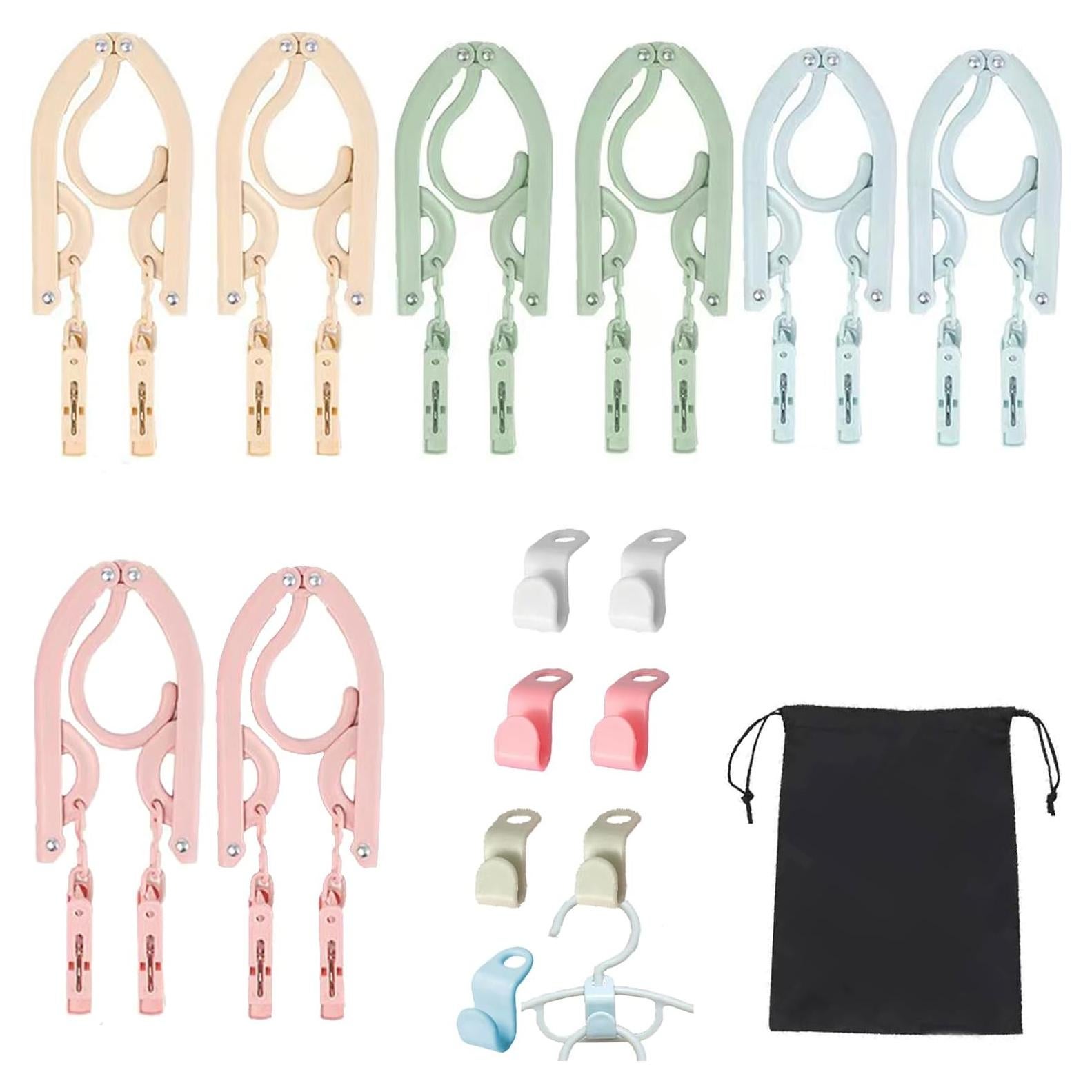 8Pcs Hangers with Clips and 8Pcs Hanger Hooks,Folding Space Saving Hanger Hooks for Clothes Pants Shirts Socks- Storage Bag for Travel