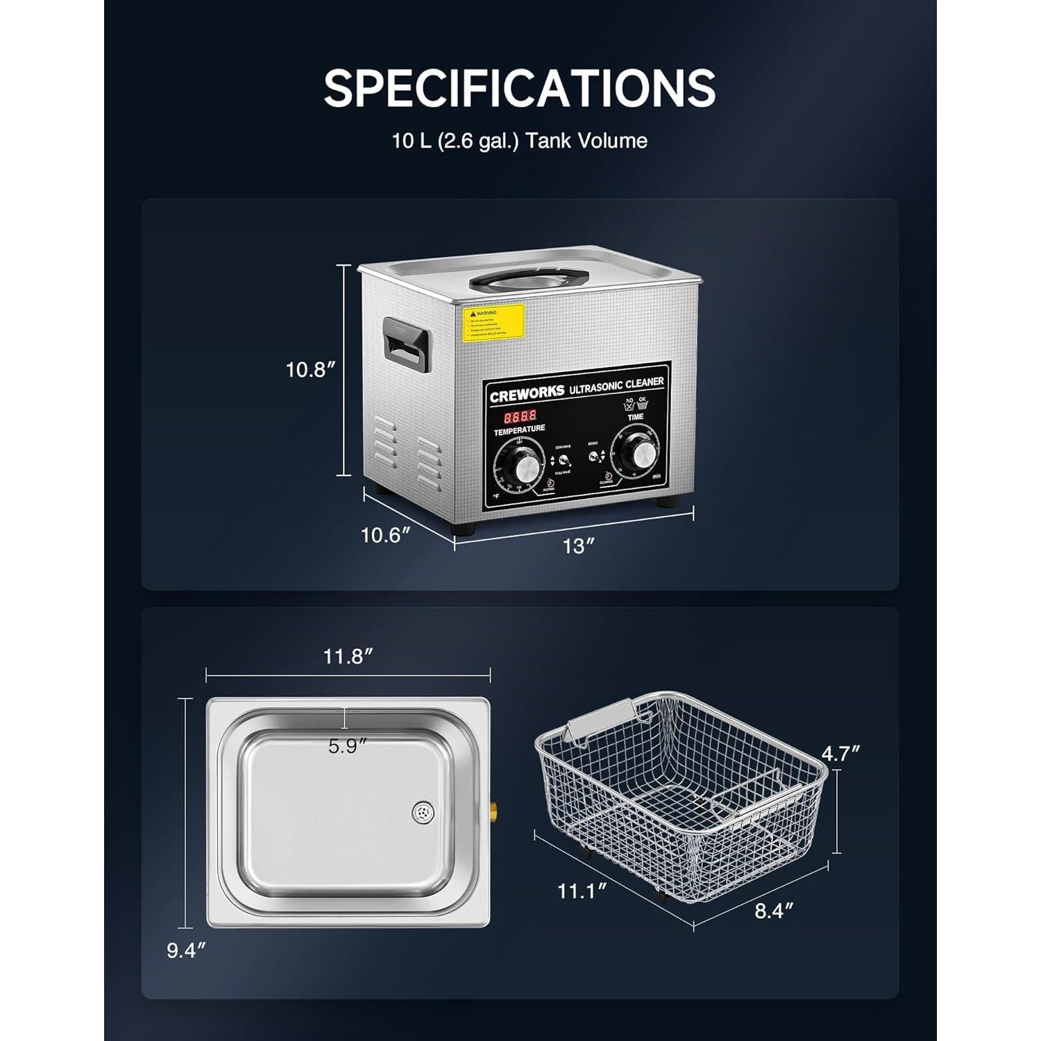 Limpia Ultrasonido CREWORKS 10L con Calentador y Temporizador