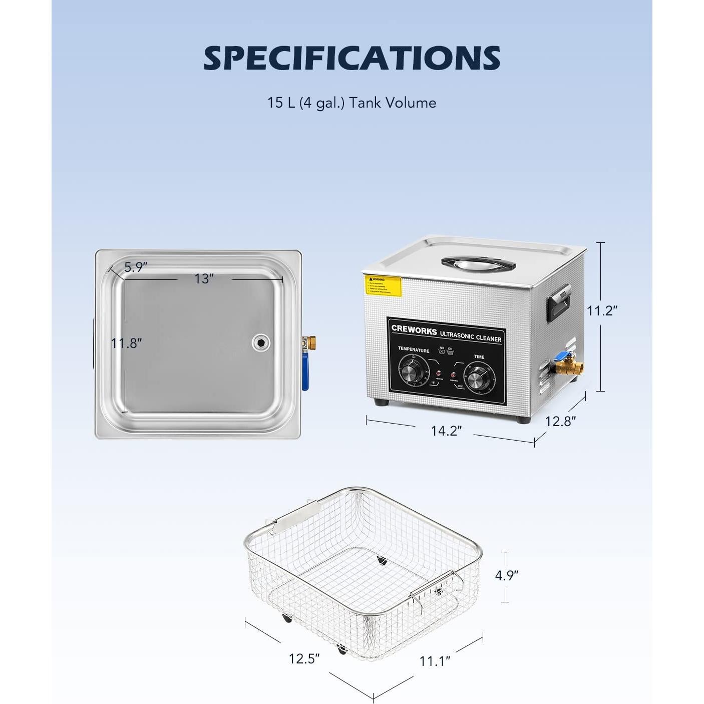 Limpiador Ultrasónico CREWORKS 15L 760W Digital con Calentador