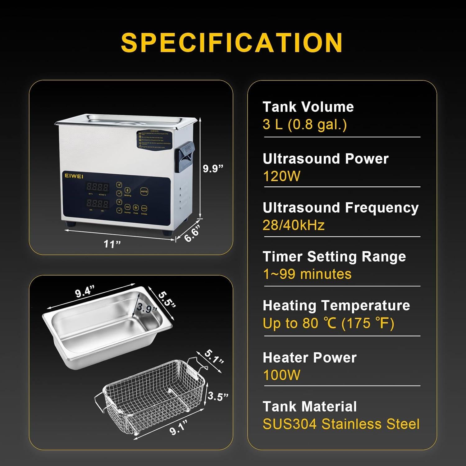 Limpiador Ultrasónico 3L EIWEI Táctil con Calentamiento