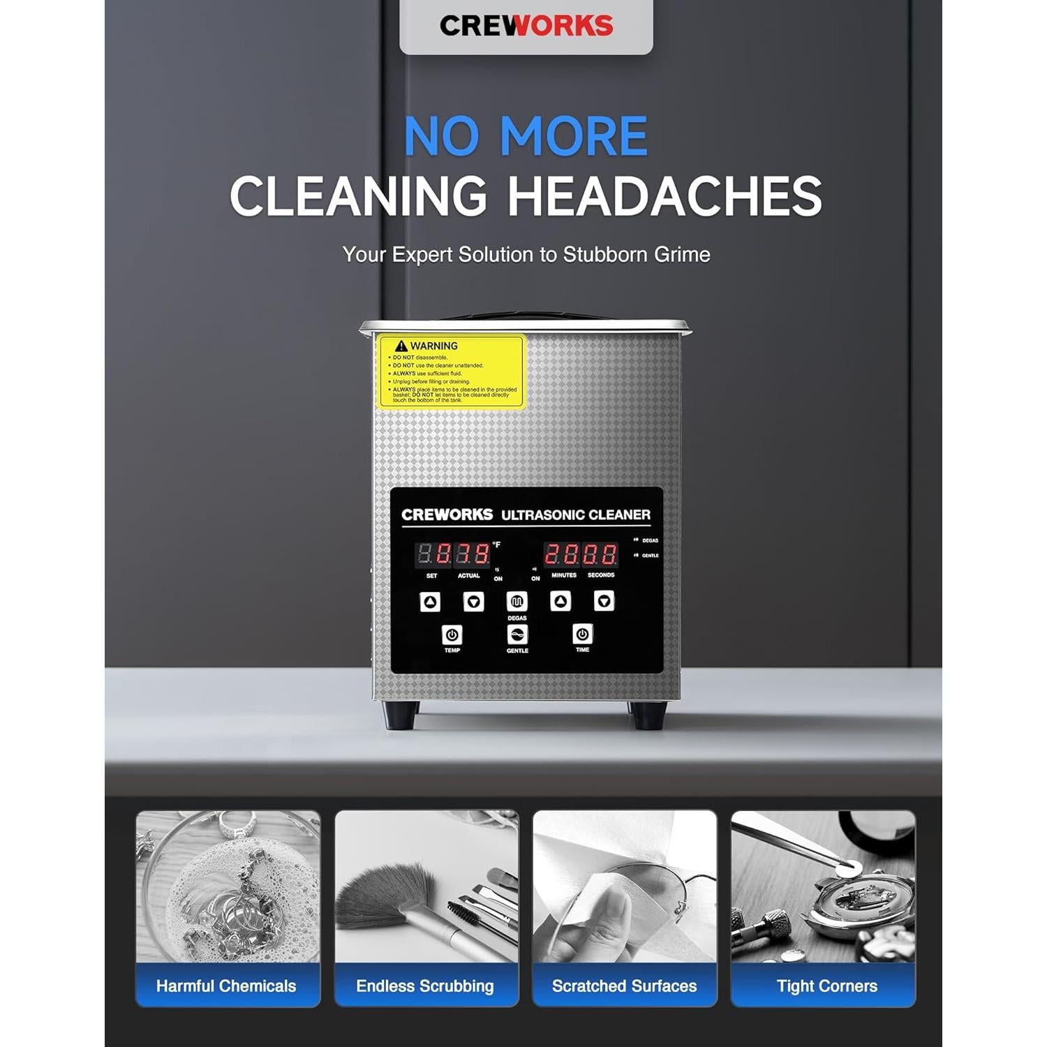 Limpia Ultrasónico Digital CREWORKS 2L con Calentador 150W