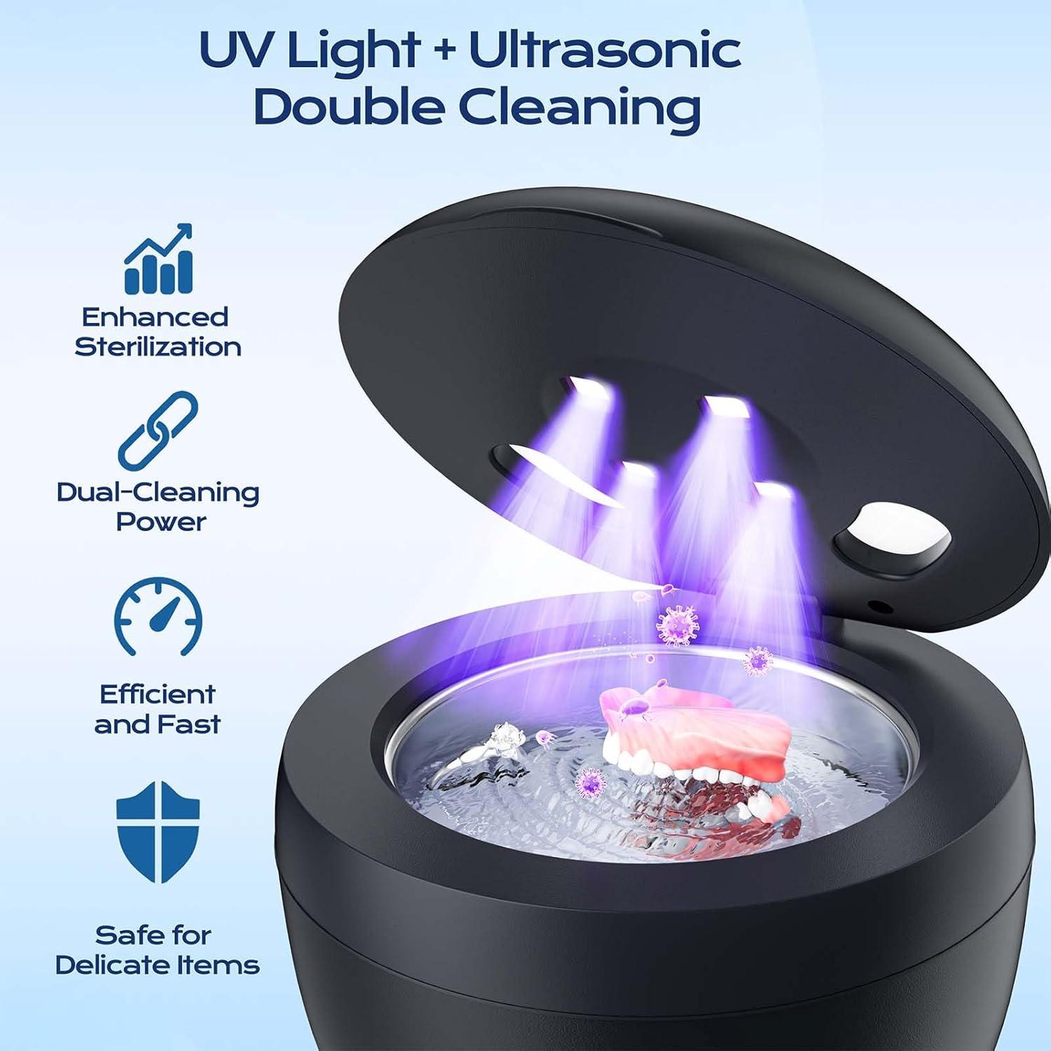 Ultrasonic Retainer Cleaner(2025 Upgraded), 45kHz Cleaning Machine for Dentures, Mouth Guards, Braces, Toothbrush & Jewelry, 200ML Denture Cleaner with 4 Modes for Dental Care