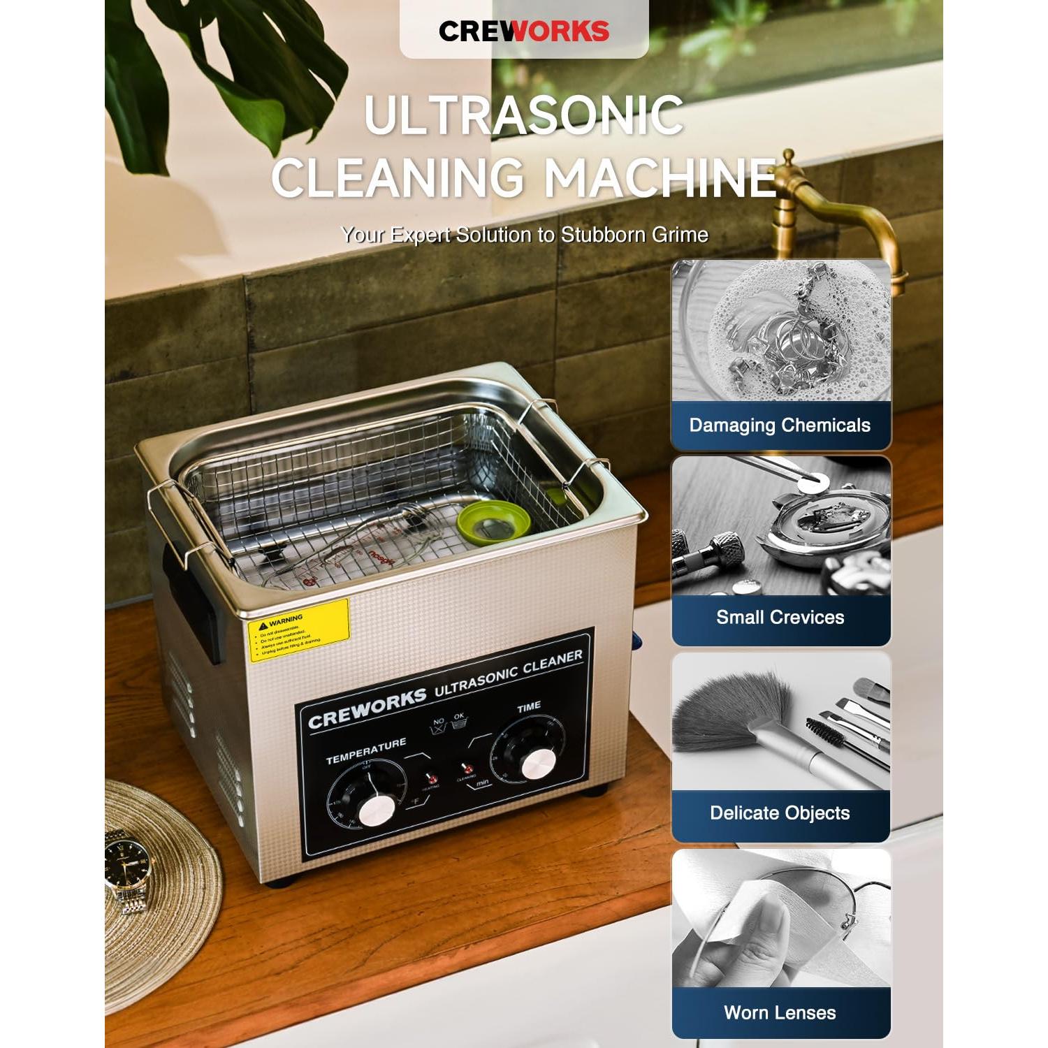 CREWORKS 10L Ultrasound Cleaning Machine with Heater and Timer, 240W Stainless Steel Ultrasonic Washing Machine, 2.6 gal Professional Ultrasound Parts Cleaning Machine for Lab Tool Glasses Auto Part