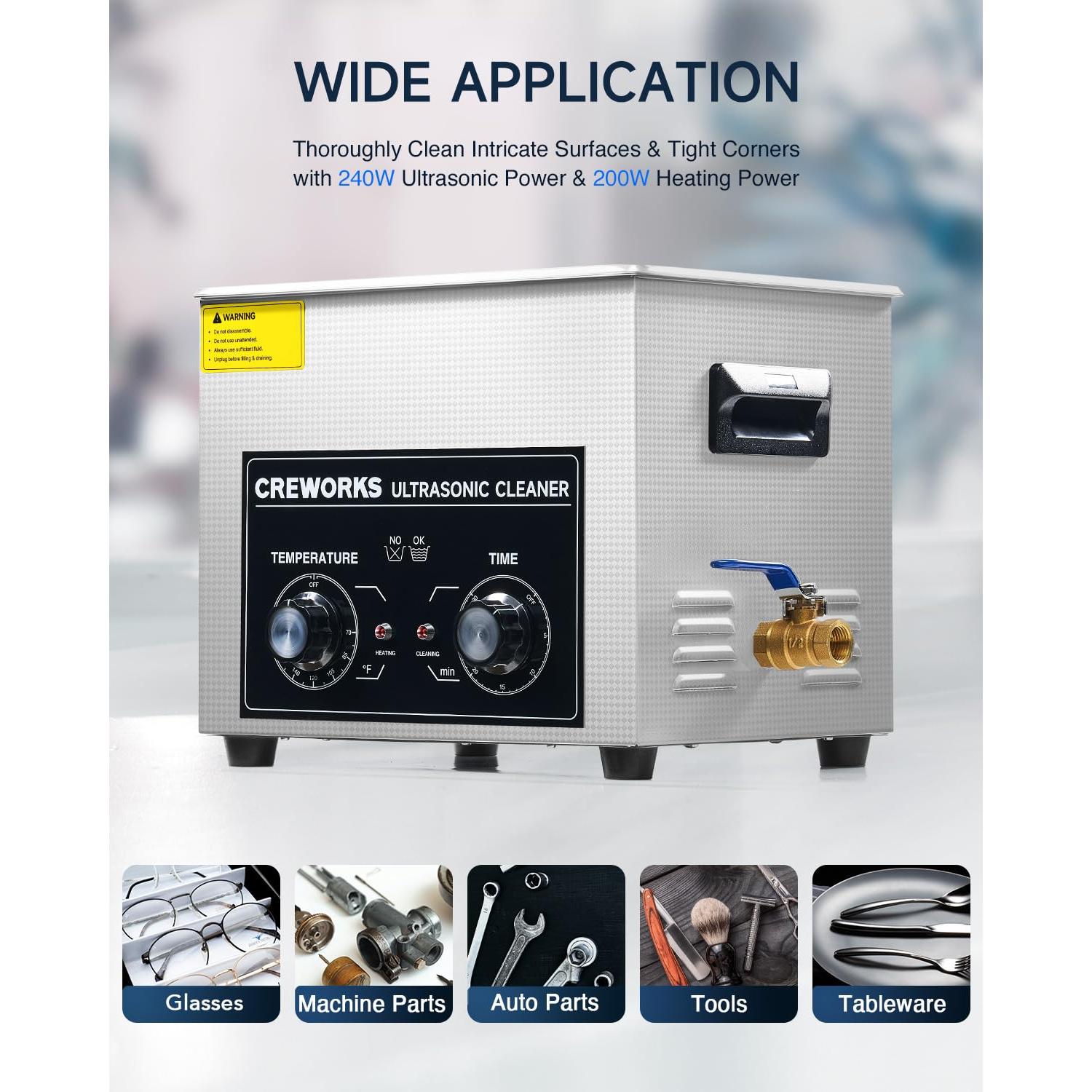 CREWORKS 10L Ultrasound Cleaning Machine with Heater and Timer, 240W Stainless Steel Ultrasonic Washing Machine, 2.6 gal Professional Ultrasound Parts Cleaning Machine for Lab Tool Glasses Auto Part