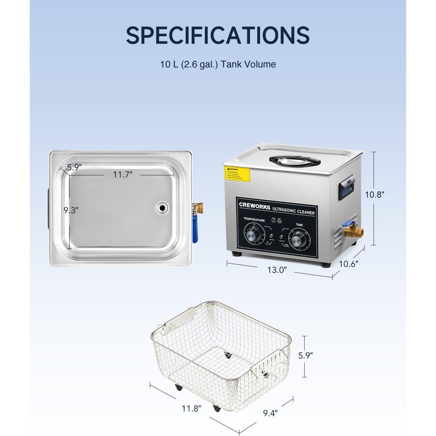 CREWORKS 10L Ultrasound Cleaning Machine with Heater and Timer, 240W Stainless Steel Ultrasonic Washing Machine, 2.6 gal Professional Ultrasound Parts Cleaning Machine for Lab Tool Glasses Auto Part