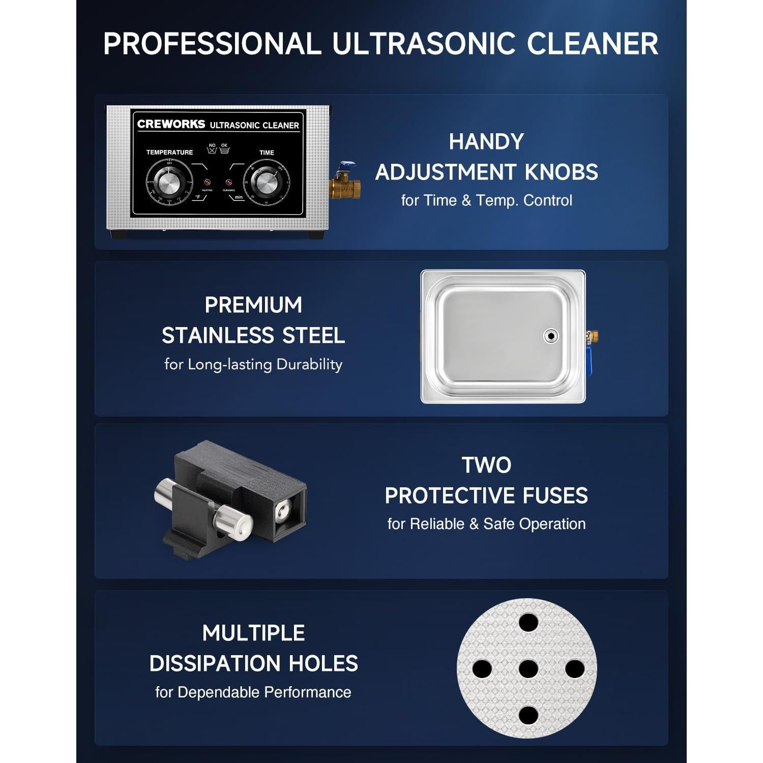 CREWORKS 10L Ultrasound Cleaning Machine with Heater and Timer, 240W Stainless Steel Ultrasonic Washing Machine, 2.6 gal Professional Ultrasound Parts Cleaning Machine for Lab Tool Glasses Auto Part