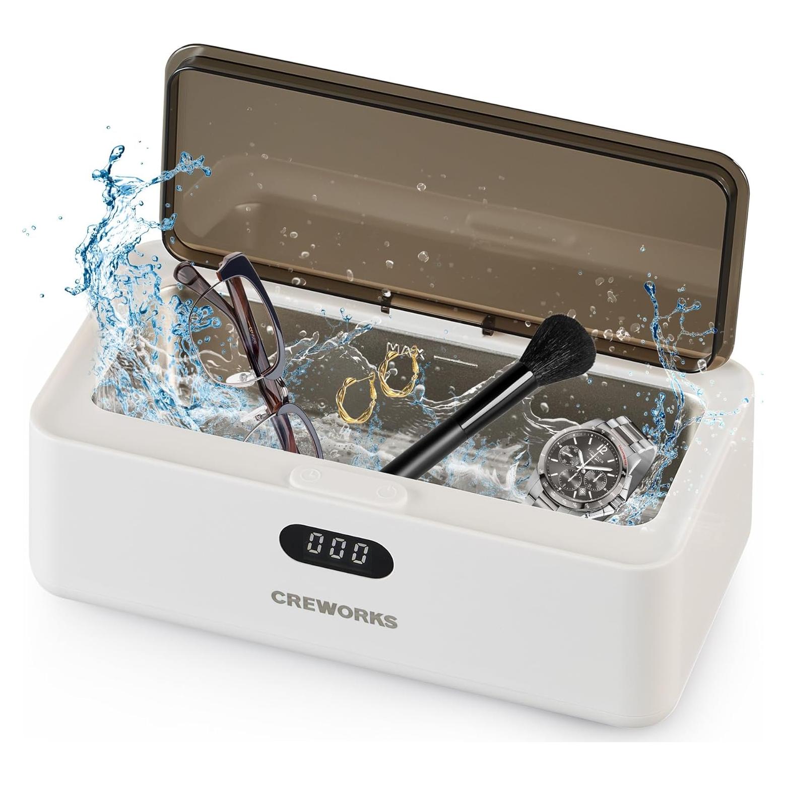 CREWORKS Ultrasonic Jewelry Cleaning Machine, 17 oz. Sterling Silver Jewelry Cleaner with 5 Timer Settings, Stainless Steel Ultrasound Parts Cleaner with Buttons for Glasses Ring Coin Makeup Brush