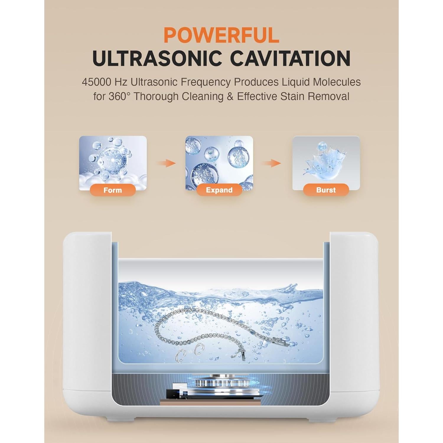 CREWORKS Ultrasonic Jewelry Cleaning Machine, 17 oz. Sterling Silver Jewelry Cleaner with 5 Timer Settings, Stainless Steel Ultrasound Parts Cleaner with Buttons for Glasses Ring Coin Makeup Brush