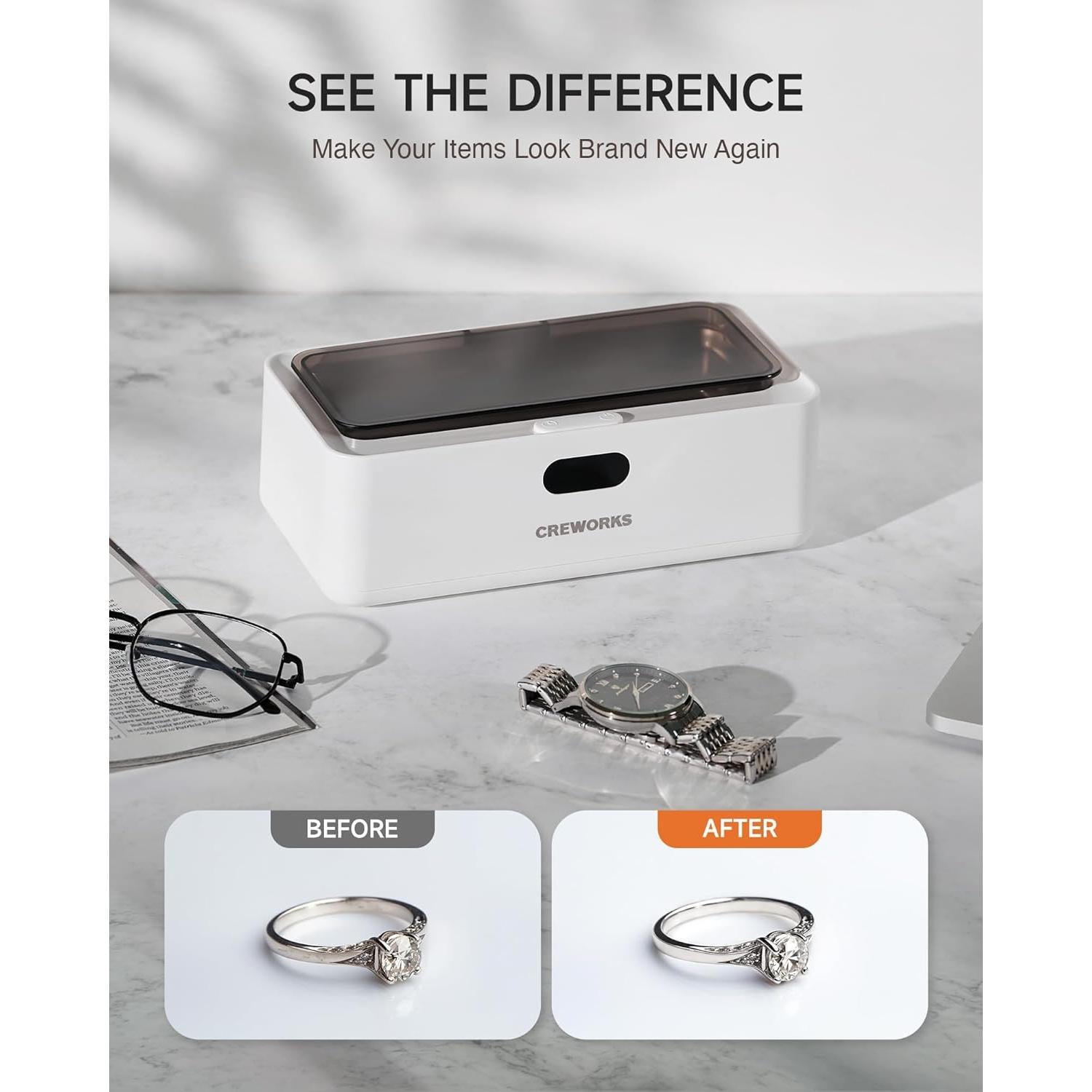 CREWORKS Ultrasonic Jewelry Cleaning Machine, 17 oz. Sterling Silver Jewelry Cleaner with 5 Timer Settings, Stainless Steel Ultrasound Parts Cleaner with Buttons for Glasses Ring Coin Makeup Brush